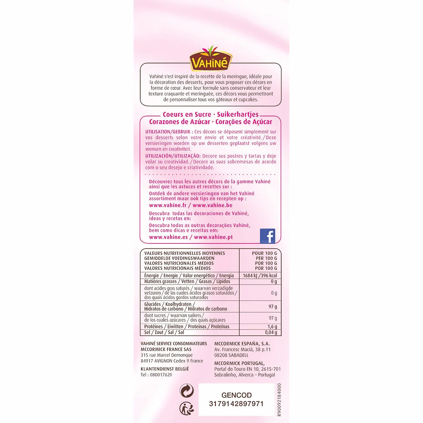 VAHINE - Décoration Gâteaux Coeurs en Sucre 20 g