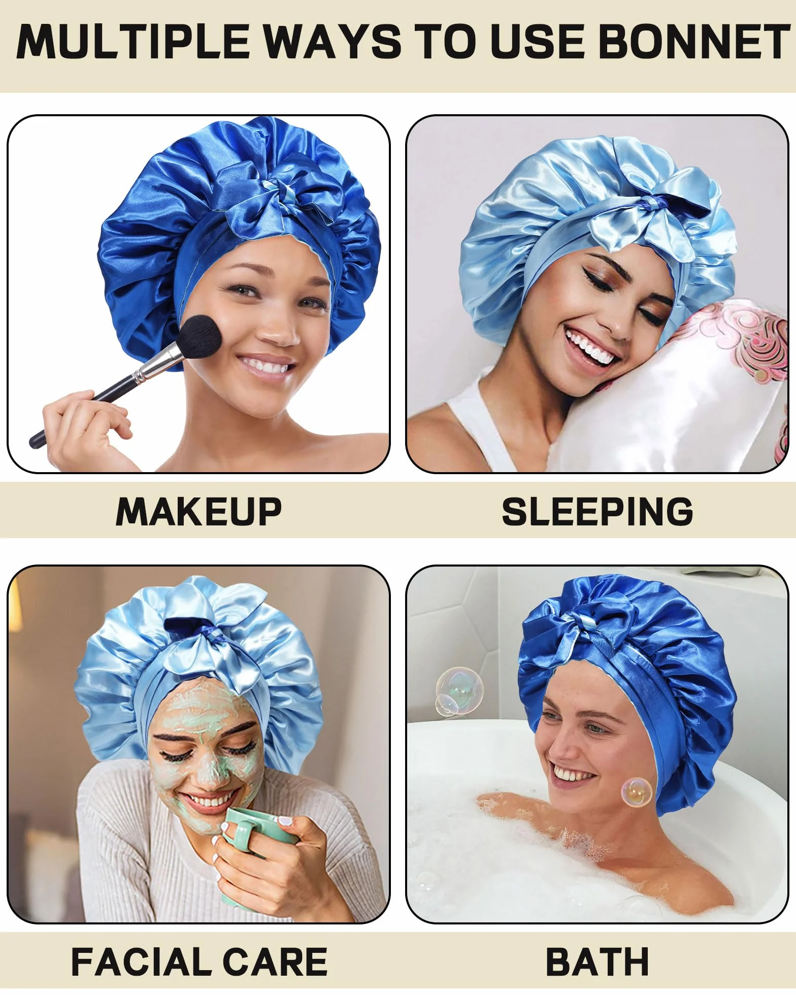 Bonnet en Satin pour Cheveux Bouclés Femmes Noires, Bandeau Réversible avec Nœud