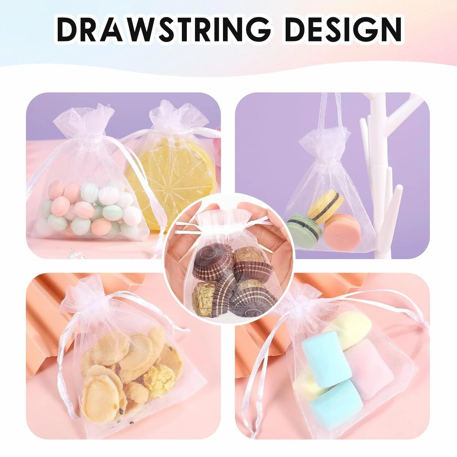 Sachets en Organza Blanc 7x9 cm Lot de 100 - Pochette Cadeau Réutilisable avec Cordon de Serrage pour Bijoux, Mariage