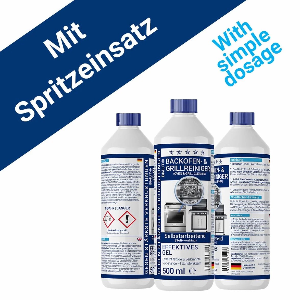 Lot de 3 flacons de 500 ml (1,5 l) de nettoyant pour four extra puissant | Avec pinceau + chiffon microfibre XXL | Pâte de gel | Nettoyant pour barbecue | Contre les brûlures et les incrustations |