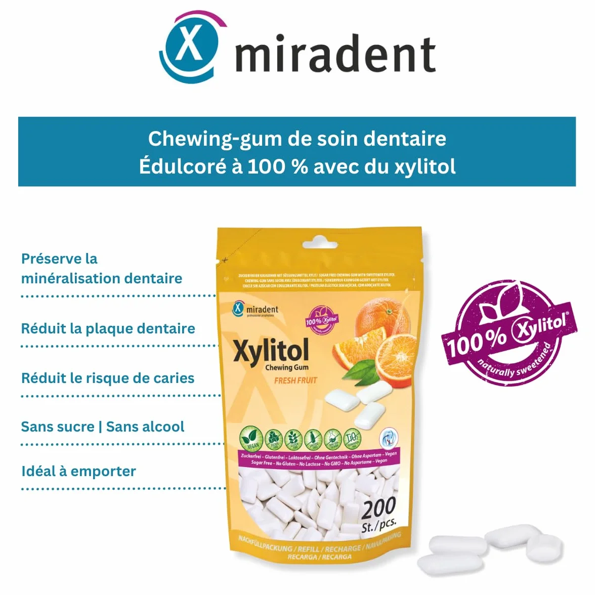 Miradent Chewing-gum dentaire au xylitol Pack économique 200 pcs goût Fruits frais sans sucre vegan