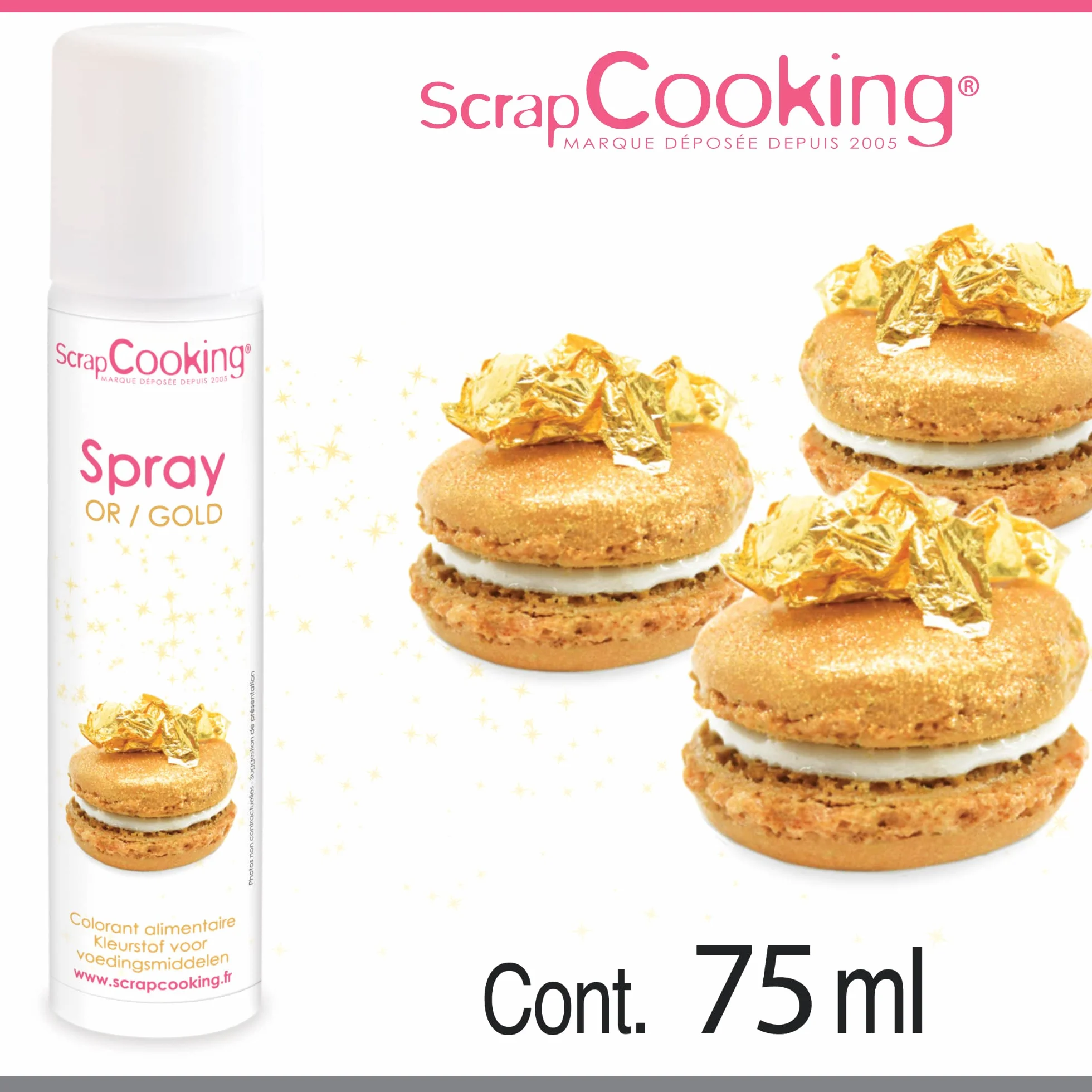 ScrapCooking - Spray Colorant de Surface Or 75 ml - Spray Alimentaire Doré pour faire Briller vos Pâtisseries, Biscuits, Macarons, Pâtes à Sucre, Cupcakes, Gâteaux, Entremets, Bûches - 4298