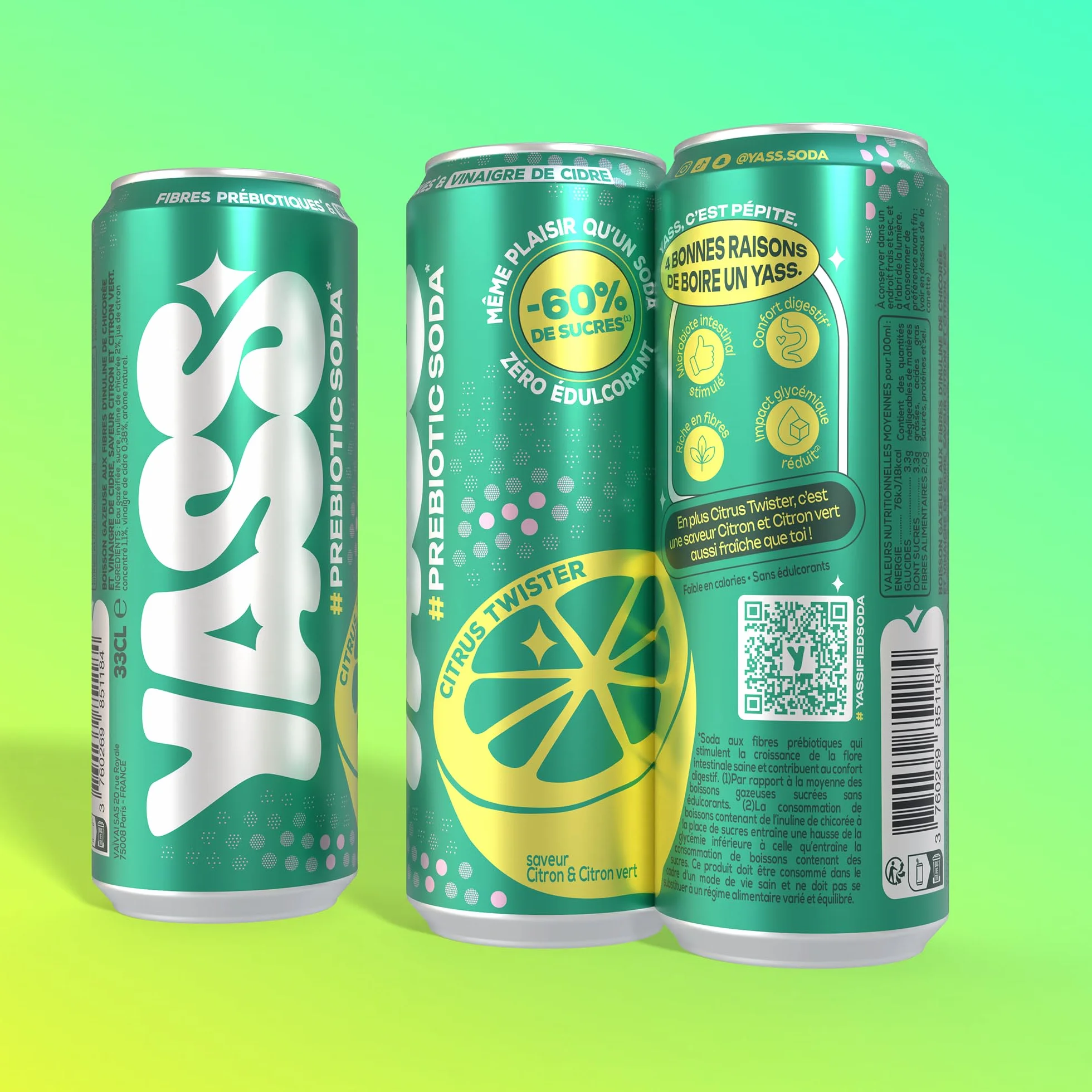 YASS Soda Prébiotique -Saveur CITRUS TWISTER - Le Soda Sain & Stylé qui Prend Soin de Ton Ventre 6.6g de Fibres et -60% de sucre-12 canettes de 33cl