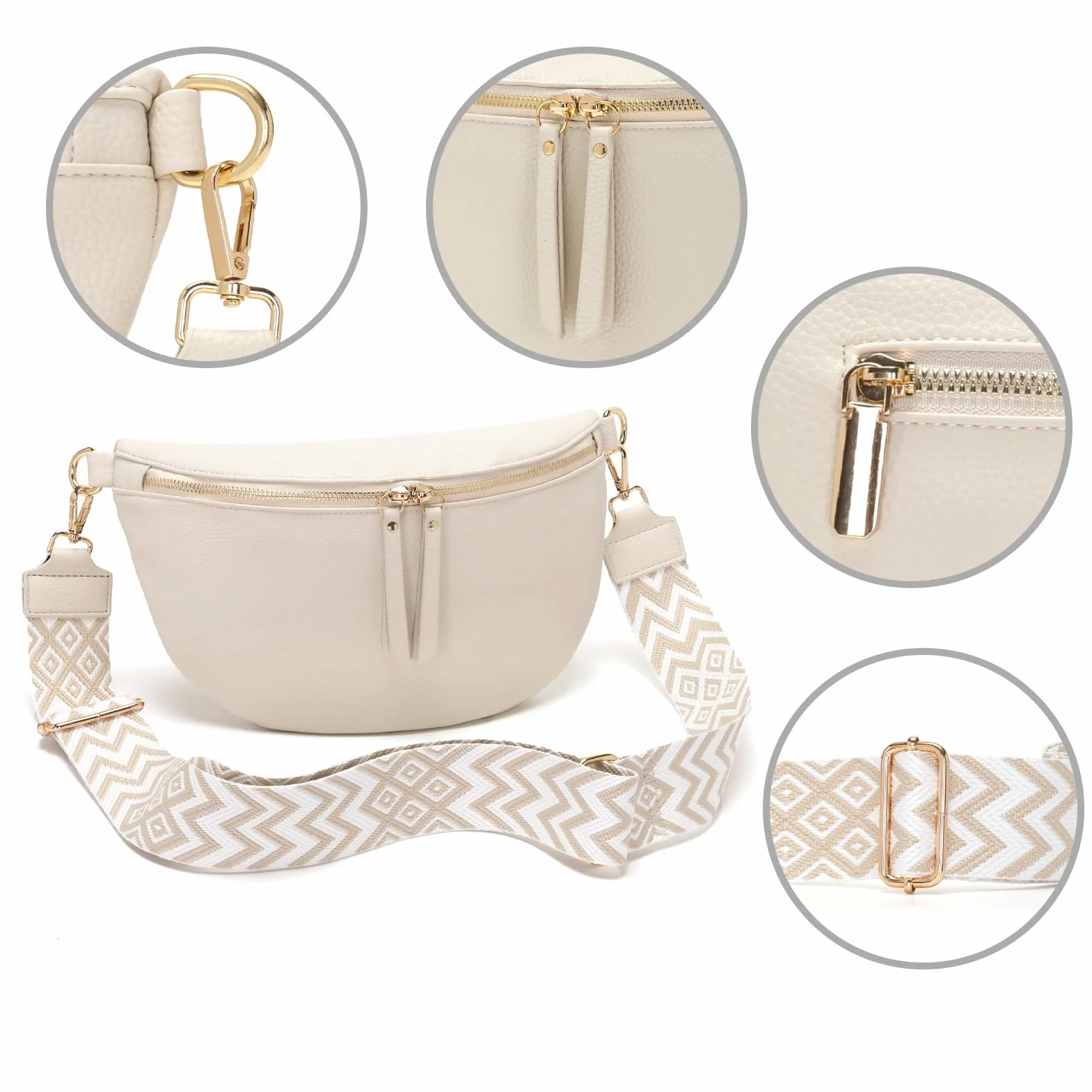 Sac Banane Femme Grand Sac Bandoulière Cuir Vegan 30x20cm Blanc Beige
