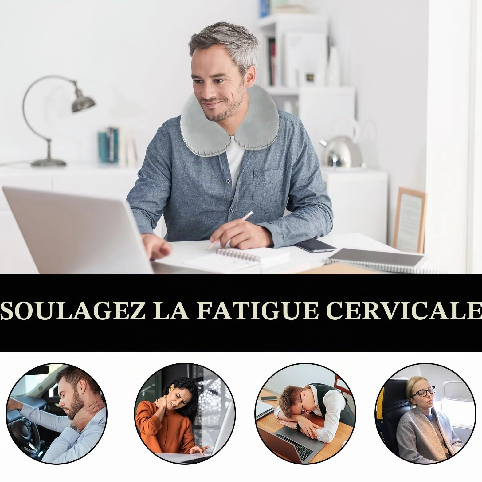 Oreiller de Voyage Gonflable en Forme de U, Coussin de Nuque Portable pour Avion Voiture Bureau