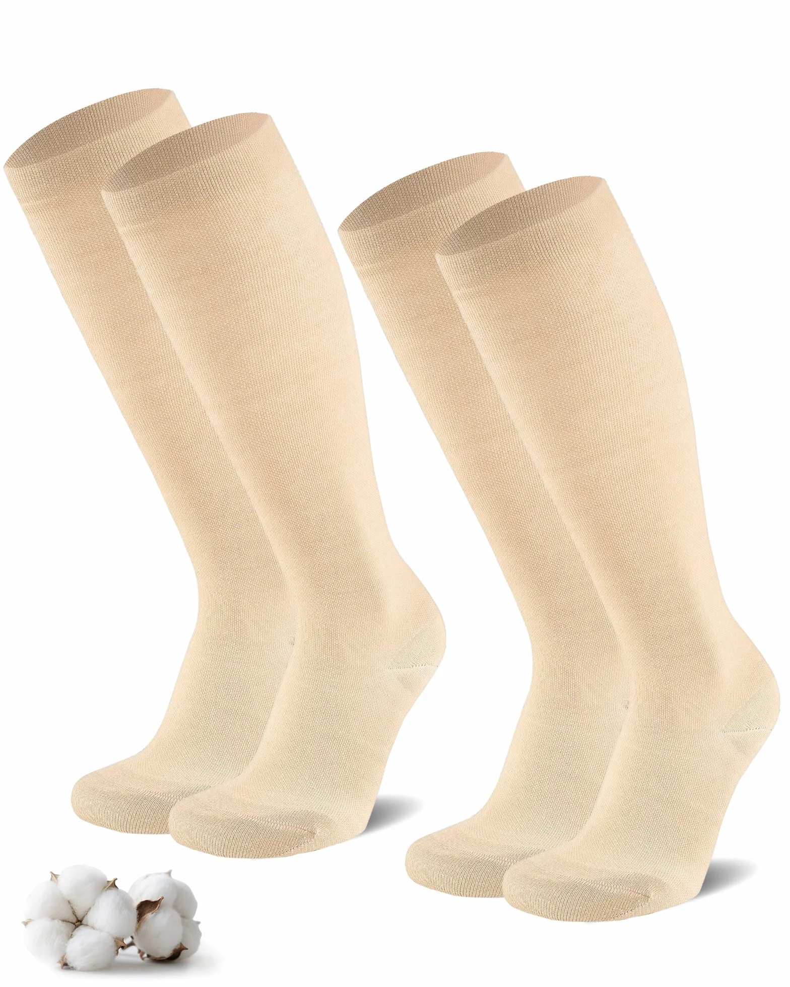 Chaussettes de Contention Lot de 2 Paires 65% Coton Bas de Compression Genou Sport Voyage Grossesse Travail