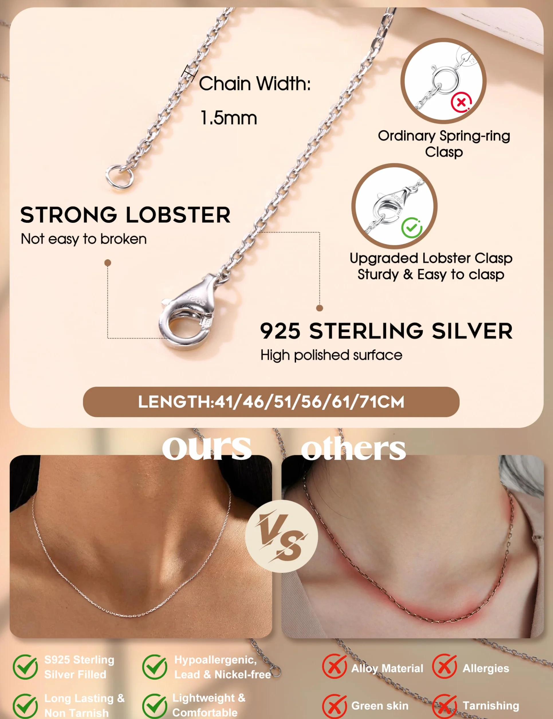 CASSIECA Chaîne Argent Femme 925/1000 Massif Collier Largeur 1.5mm Longueur 41-71cm