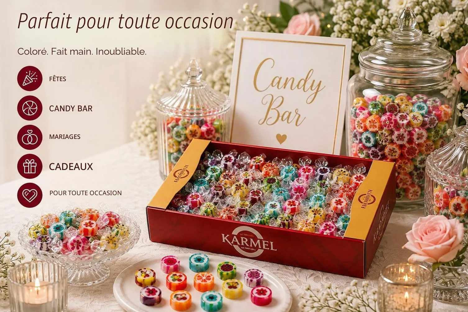 Bonbons fruités 1kg, bonbons durs aromatisés, fabriqués à la main dans des designs uniques, grande boîte de bonbons d'un petit producteur familial
