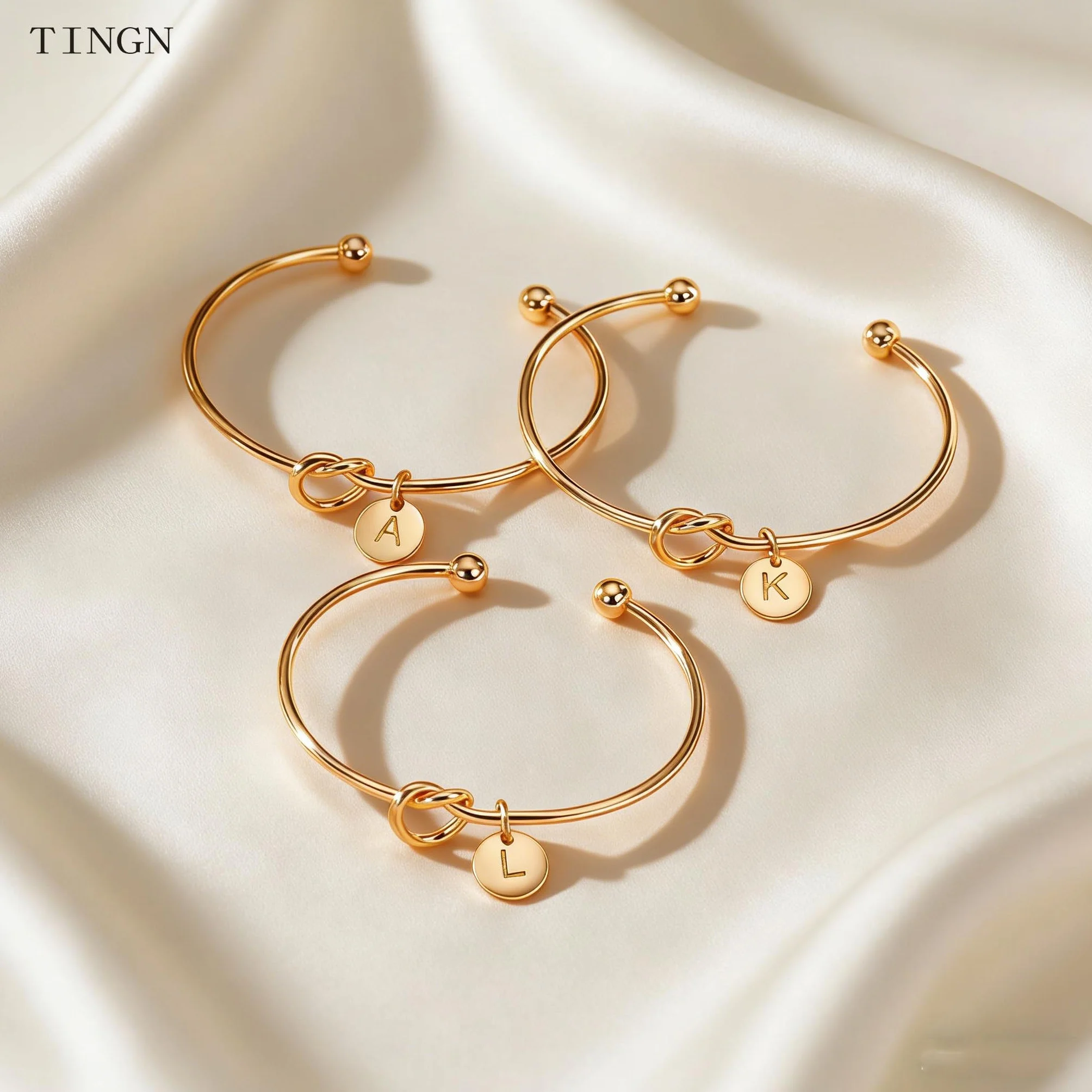 Bracelet en or pour femme avec lettres A à Z, plaqué or 14 carats, nœud d'amour, monogramme personnalisé