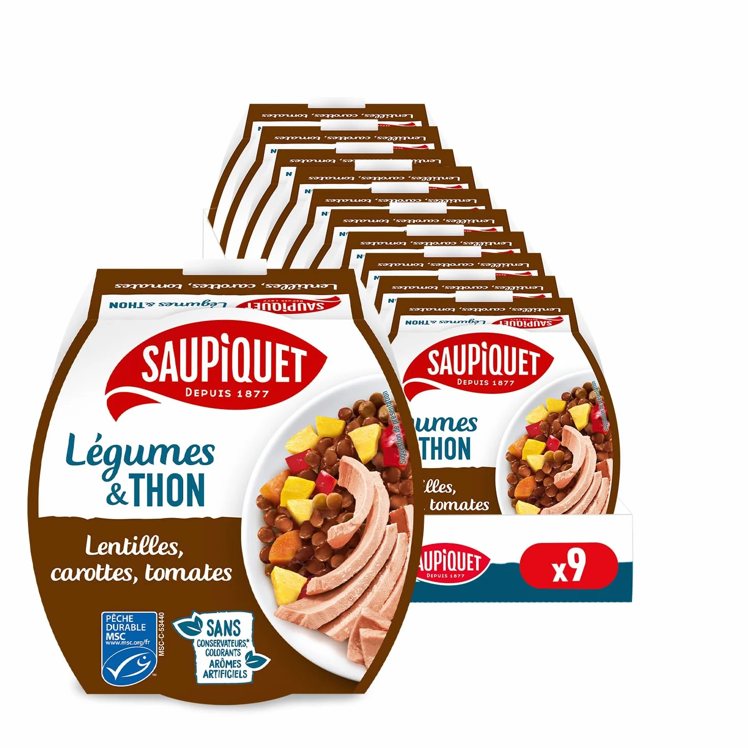SAUPIQUET - Légumes & Thon - Lentilles, Carottes, Tomates - Salade Prête à Consommer - Température Ambiante - Idéal Pique-Nique - Poisson Issu Pêche Traçabilité Garantie - 9 Conserves (160 g)