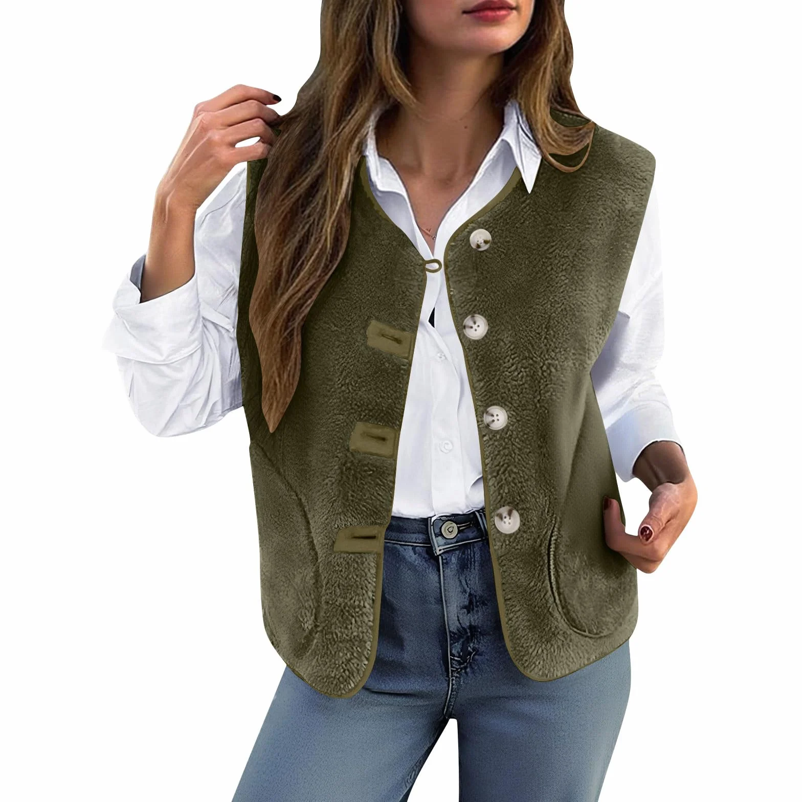 Gilet Polaire sans Manches Femme Molleton Doux Coupe Classique Sherpa Waistcoat avec Poches