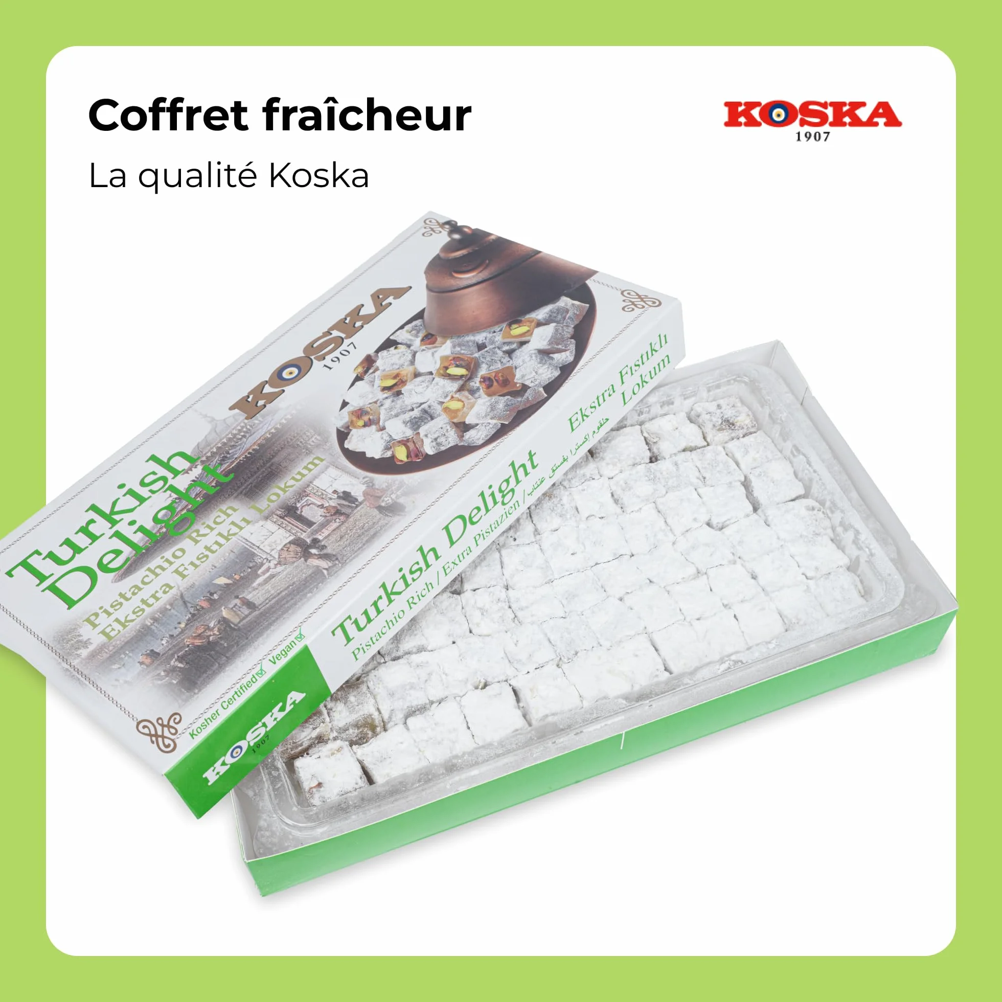 Koska Loukoums à la Pistache extra 500g Délice turc Format cadeau Confiserie traditionnelle Vegan Halal Casher Lokum Sans Gluten