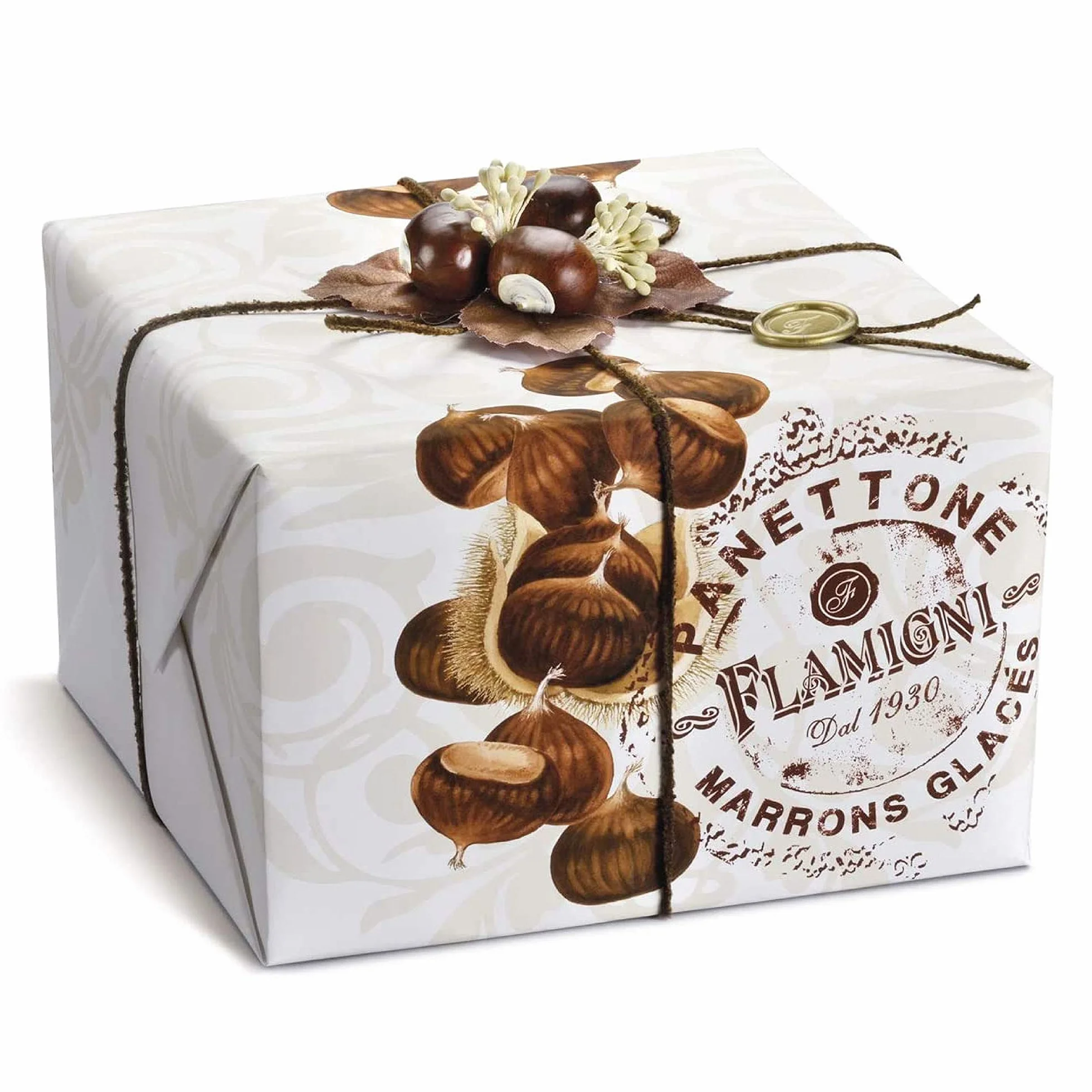 FLAMIGNI, Panettone Artisanal Italien au Marron Glacé, Enrobé de Noisettes, Amandes et Sucre, Emballage Cadeau avec Décoration de Noël, 1kg