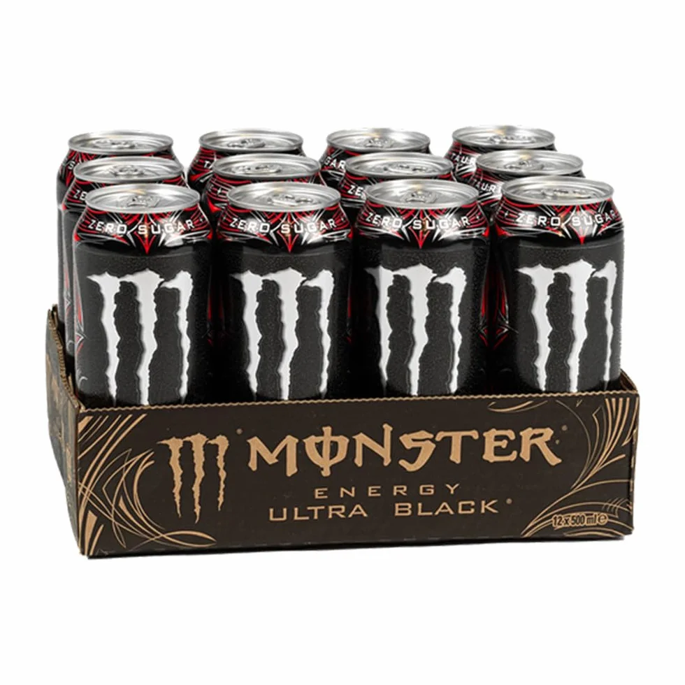 Monster Energy Ultra Black® Boisson énergisante gazéifiée | L-Carnitine + Zéro Sucre + Taurine, 500 ml/500 ml, Lot de 12