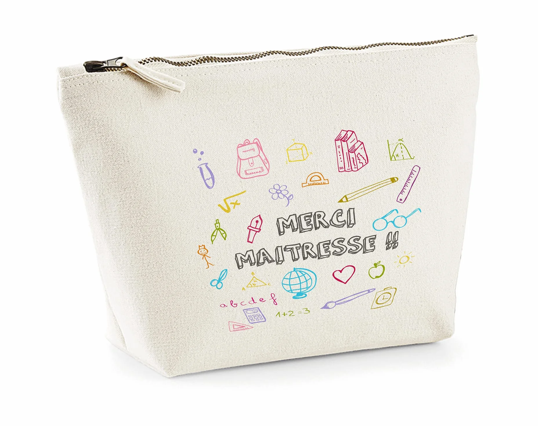 Trousse imprimée personnalisable Merci maîtresse en coton bio, cadeau institutrice