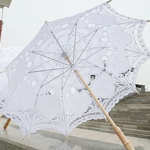 Ombrelle de mariage victorienne avec broderie en dentelle Blanc 80 cm