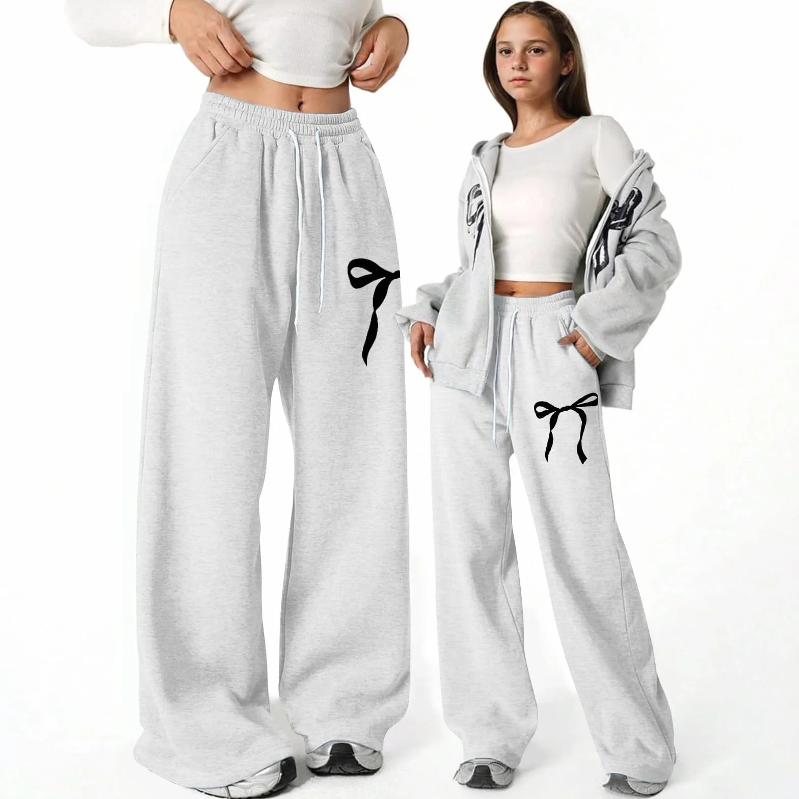 Pantalon de jogging baggy fille avec nœud jambes droites poches justaucorps