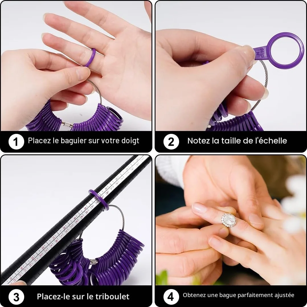 Ensemble de Mesure de Taille de Doigt Professionnel 4 Pièces Guide des Tailles Bague EU US UK