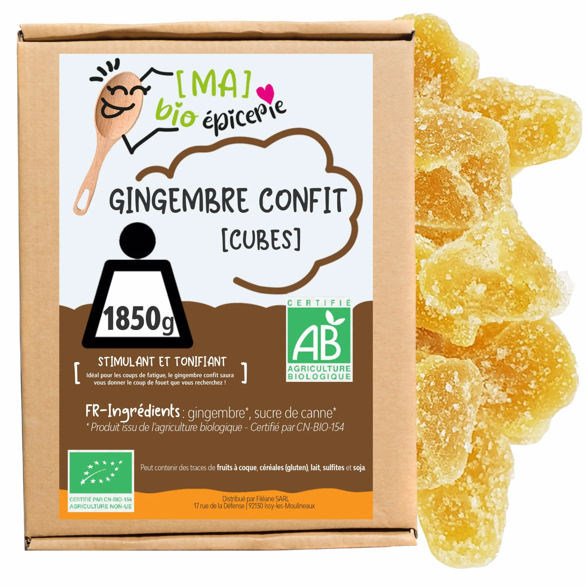 Gingembre confit BIO en cubes 1850 g – Sachet vrac – Format familial