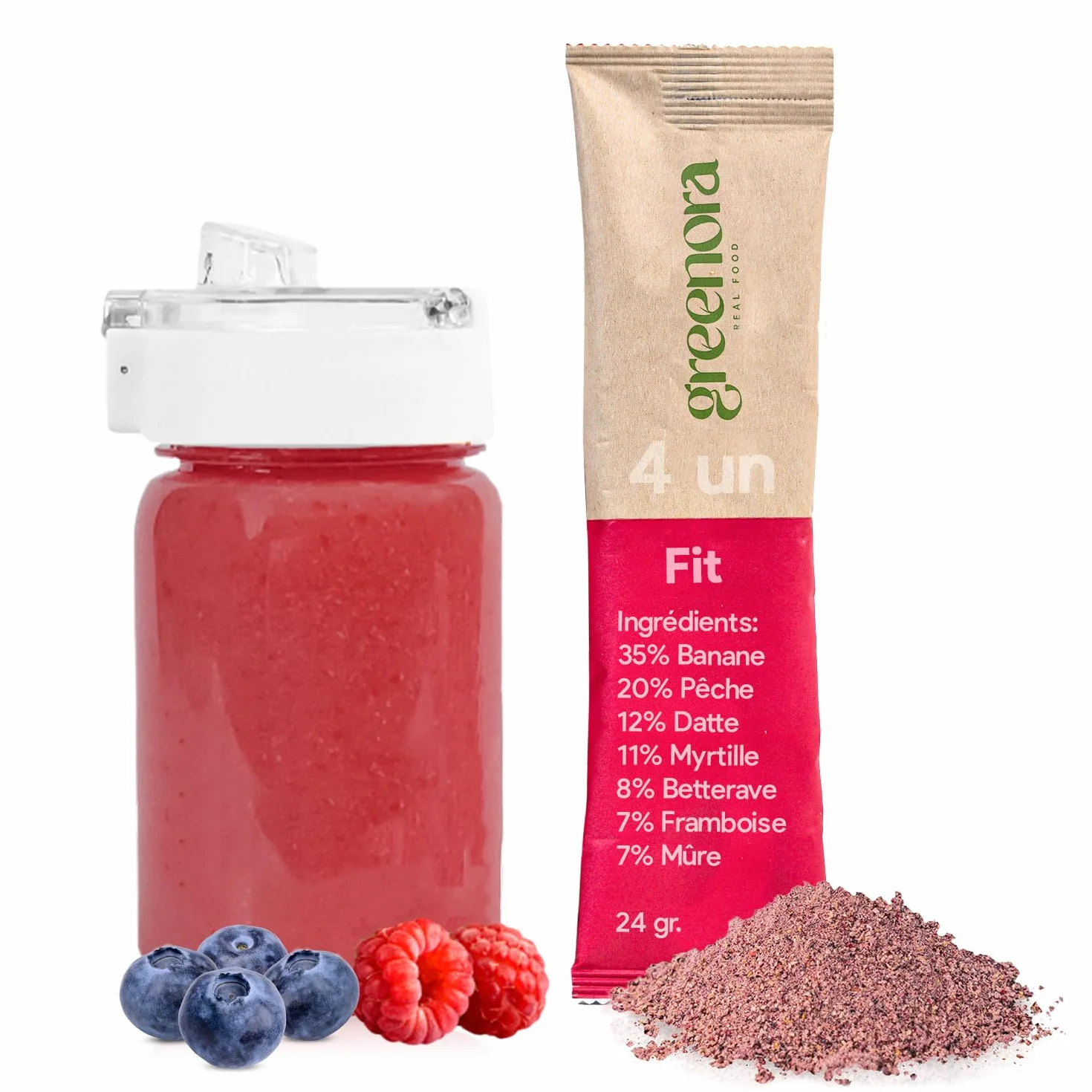 GREENORA Shaker + Smoothie Bowl Fruits Lyophilisés Poudre 100% Naturel. Banane Pêche Datte Myrtilles Betterave Framboise. Séchée Déshydratée. 4x24g