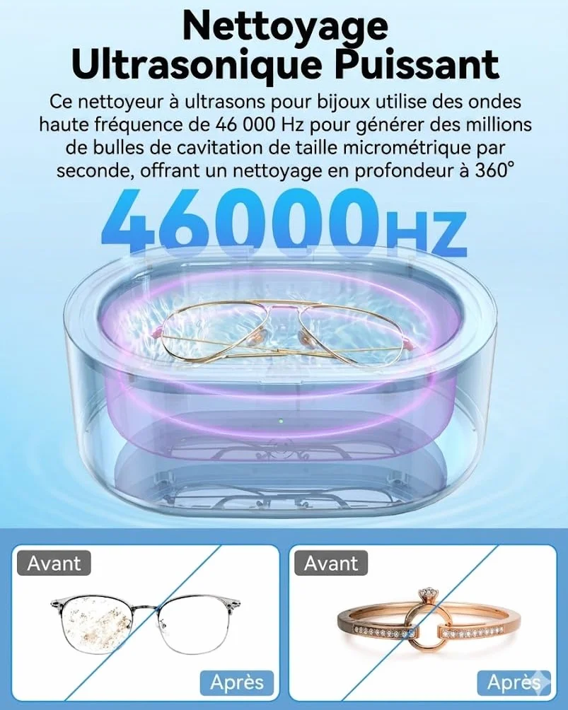 JeaTone Nettoyeur Ultrasons Professionnel 600ml 46KHz Bac Ultrasons Portable