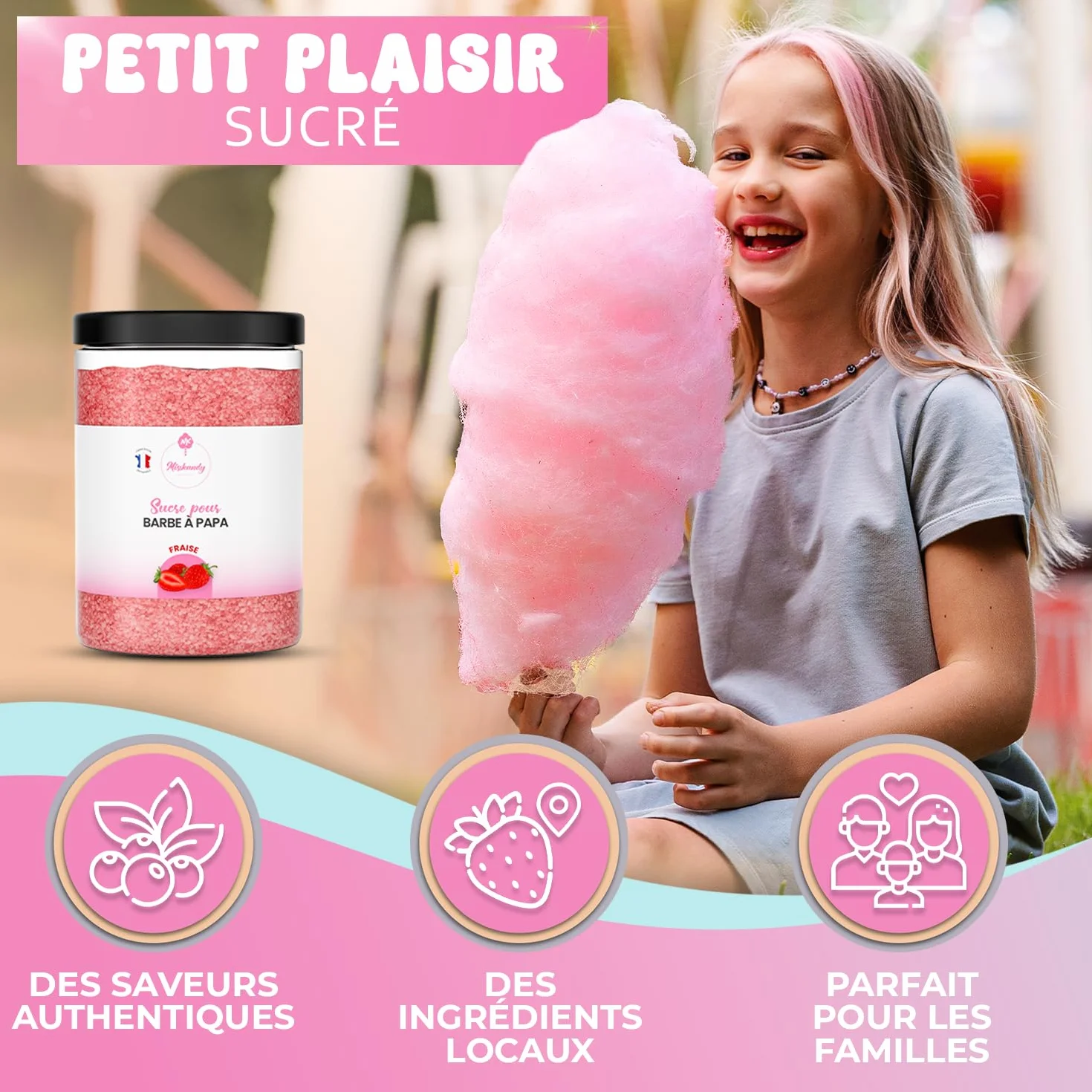 Misskandy® sucre barbe à papa pour machine- Lot de (5 * 300Gr) - (Arômes Naturels): Goûts: Fraise/Pomme/Marshmallow/Cola/Framboise/poudre barbapapa+ 50 bâtonnets (offerts)/ Fabriqué en France