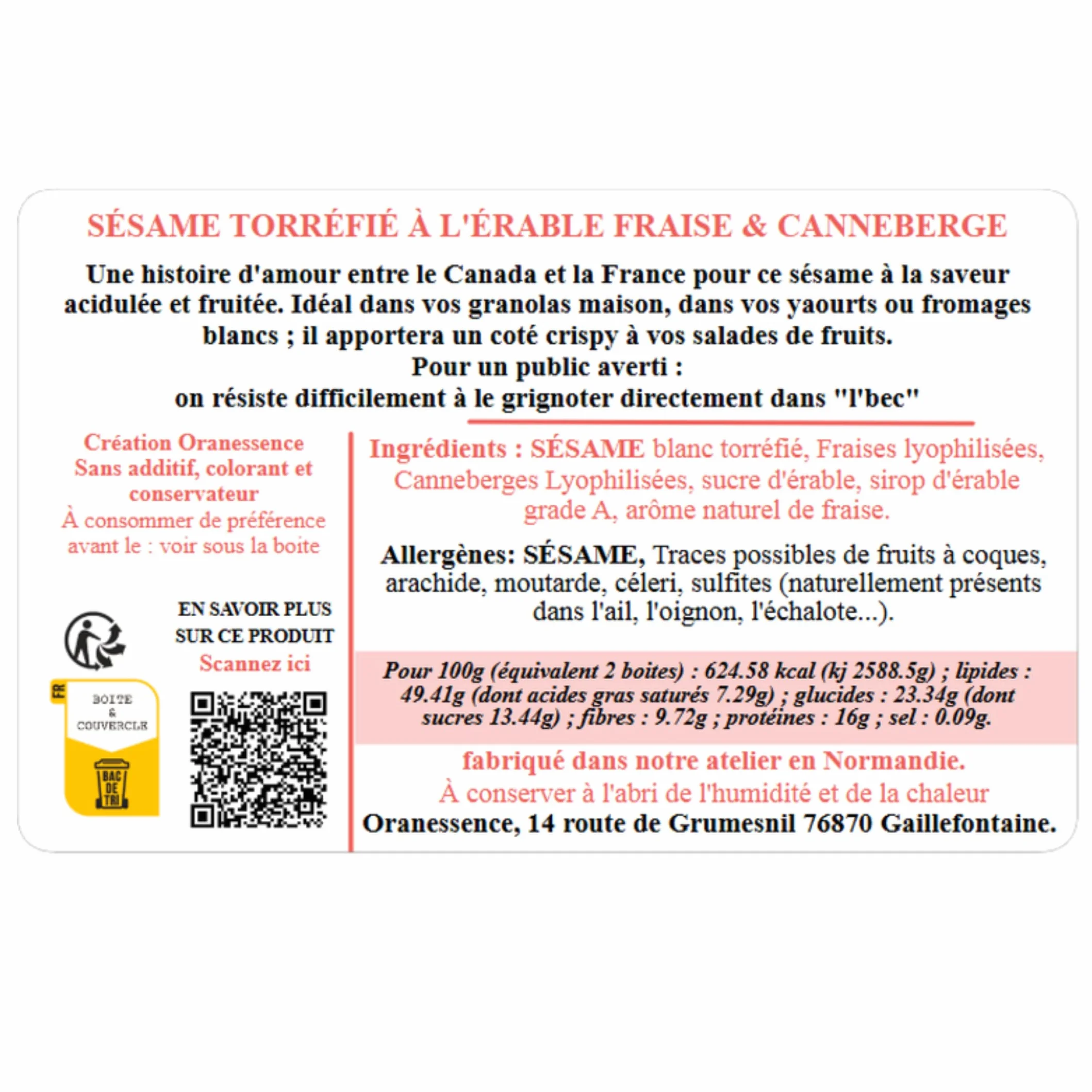Sésame à l'érable (200g) - Fraise & Canneberge - Topping Dessert - UNIQUE - Fabriqué à la main en Normandie - Assemblage d'Exception - Sans additif, Sans Colorant, Sans Conservateur, non irradié