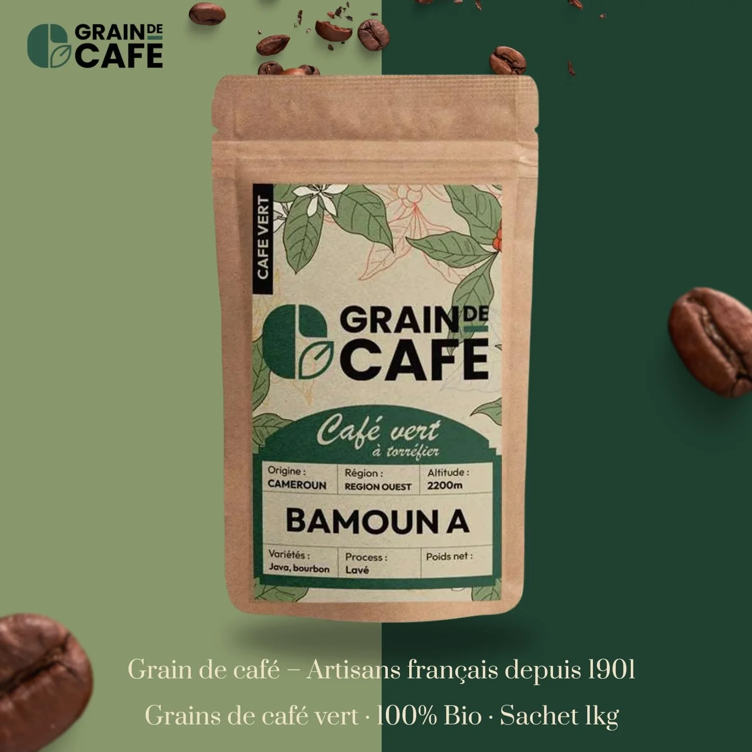 Graindecafé – Café Vert Cameroun Bamoun A 1kg | 100% Arabica Non Torréfié À Torréfier Soi-Même | Rond & Épicé | Notes De Bois & Cacao | Café Cru En Grain | Idéal Machine À Grain Une Fois Torréfié