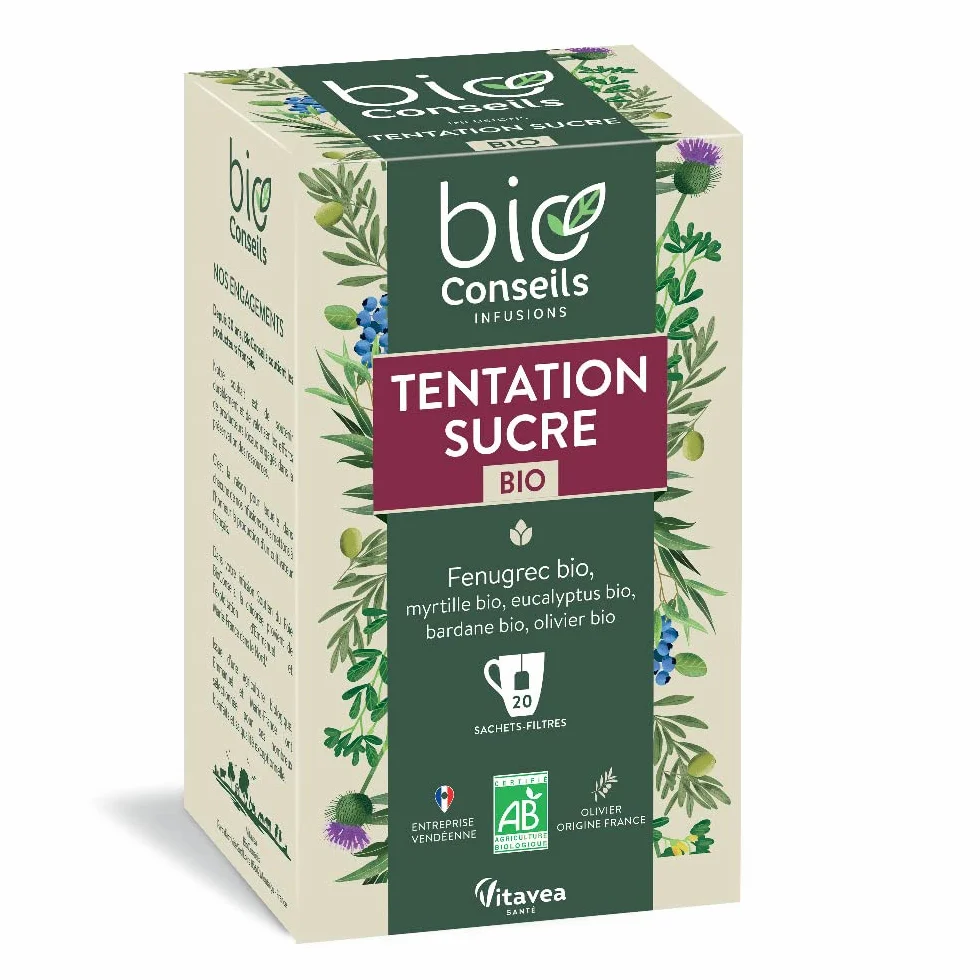 BioConseils - Infusion bio régulation sucre - fenugrec myrtille eucalyptus bardane olivier - 20 sachets