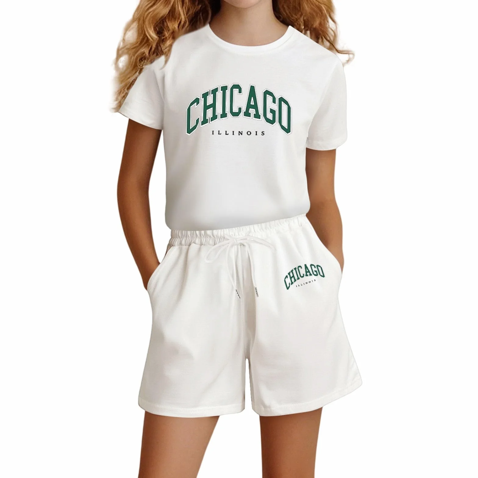 Ensemble été 2 pièces T-shirt Short fille Chicago Illinois imprimé cordon de serrage Jogging léger confortable