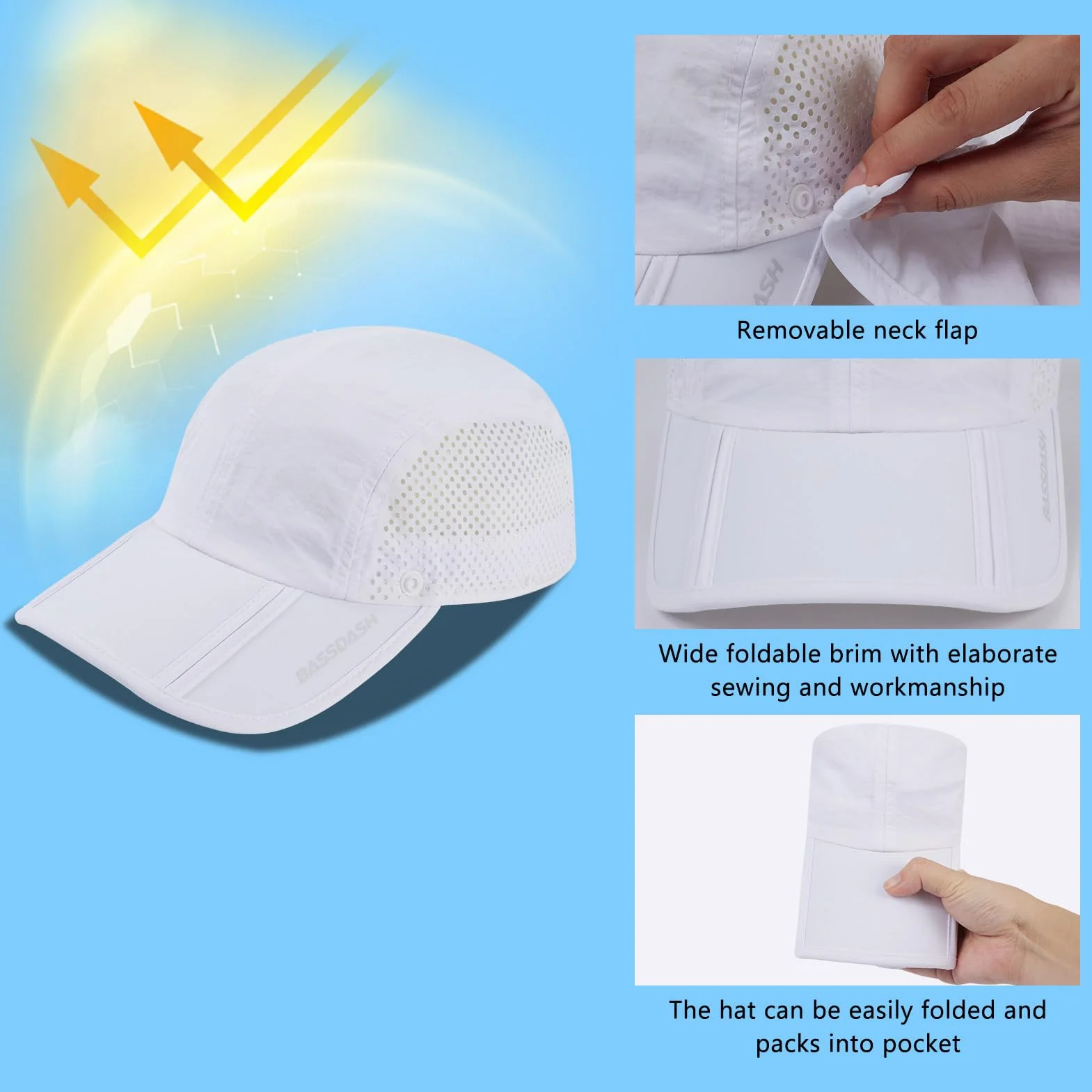 Bassdash UPF 50+ Casquette de pêche pliable avec couvre-cou amovible pour hommes et femmes