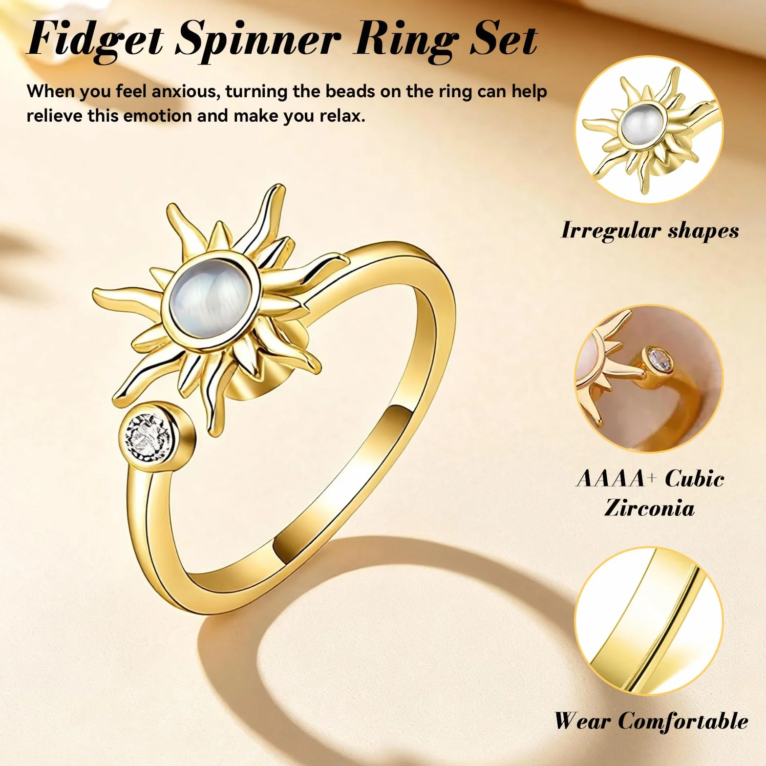 Bague Anti Stress Femme Acier Inoxydable Tournant Ouvert Spinner Anxiete Réglable