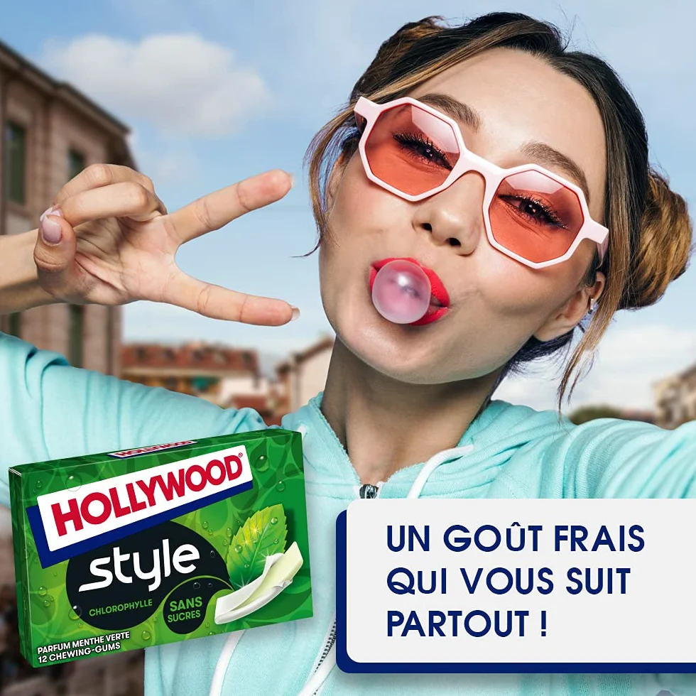 Hollywood Chewing Gum Style Parfum Chlorophylle Sans Sucres Lot 18 paquets 12 gums 23 g