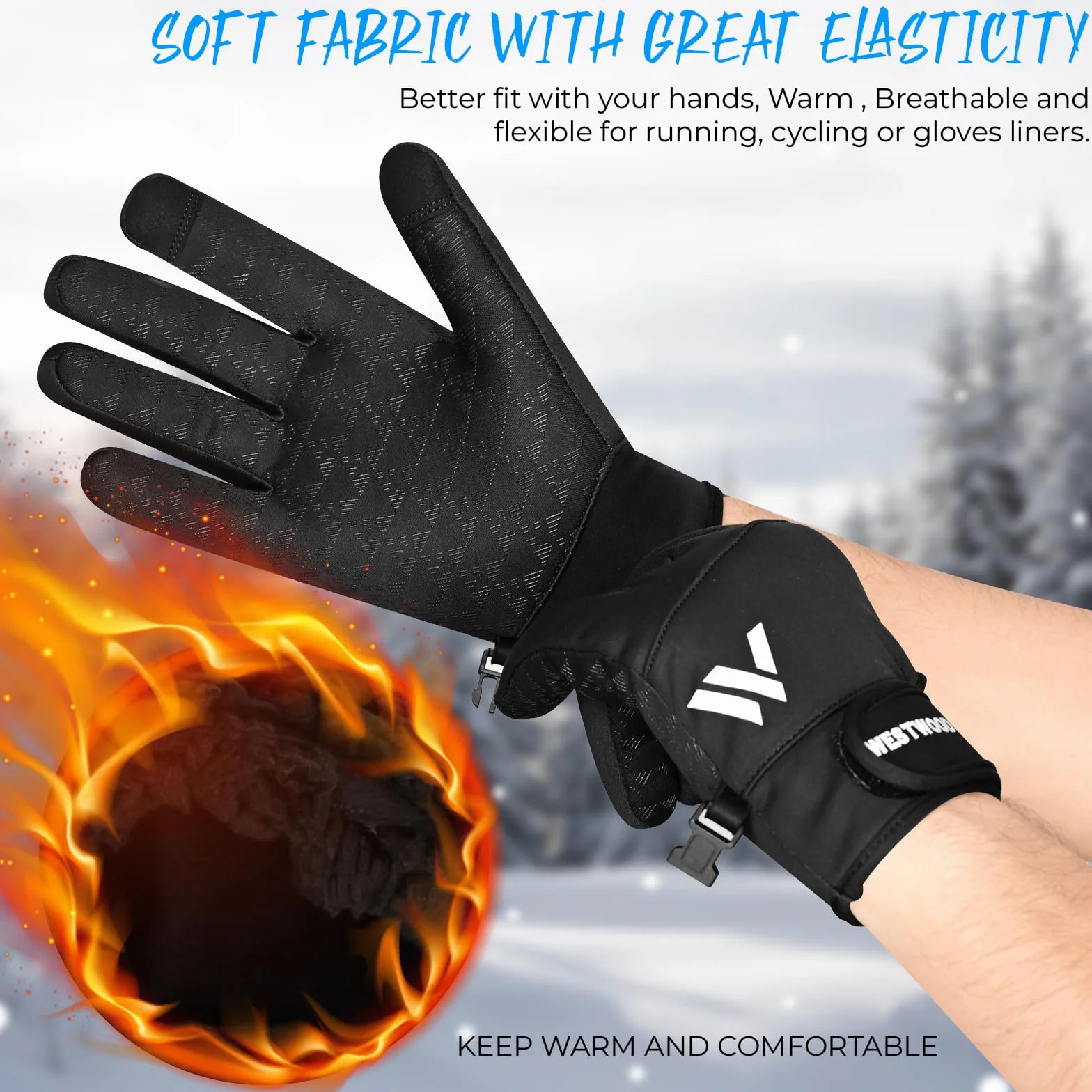 WESTWOOD FOX Gants d'hiver chauds coupe-vent imperméables homme femme écran tactile thermiques poignets élastiques course