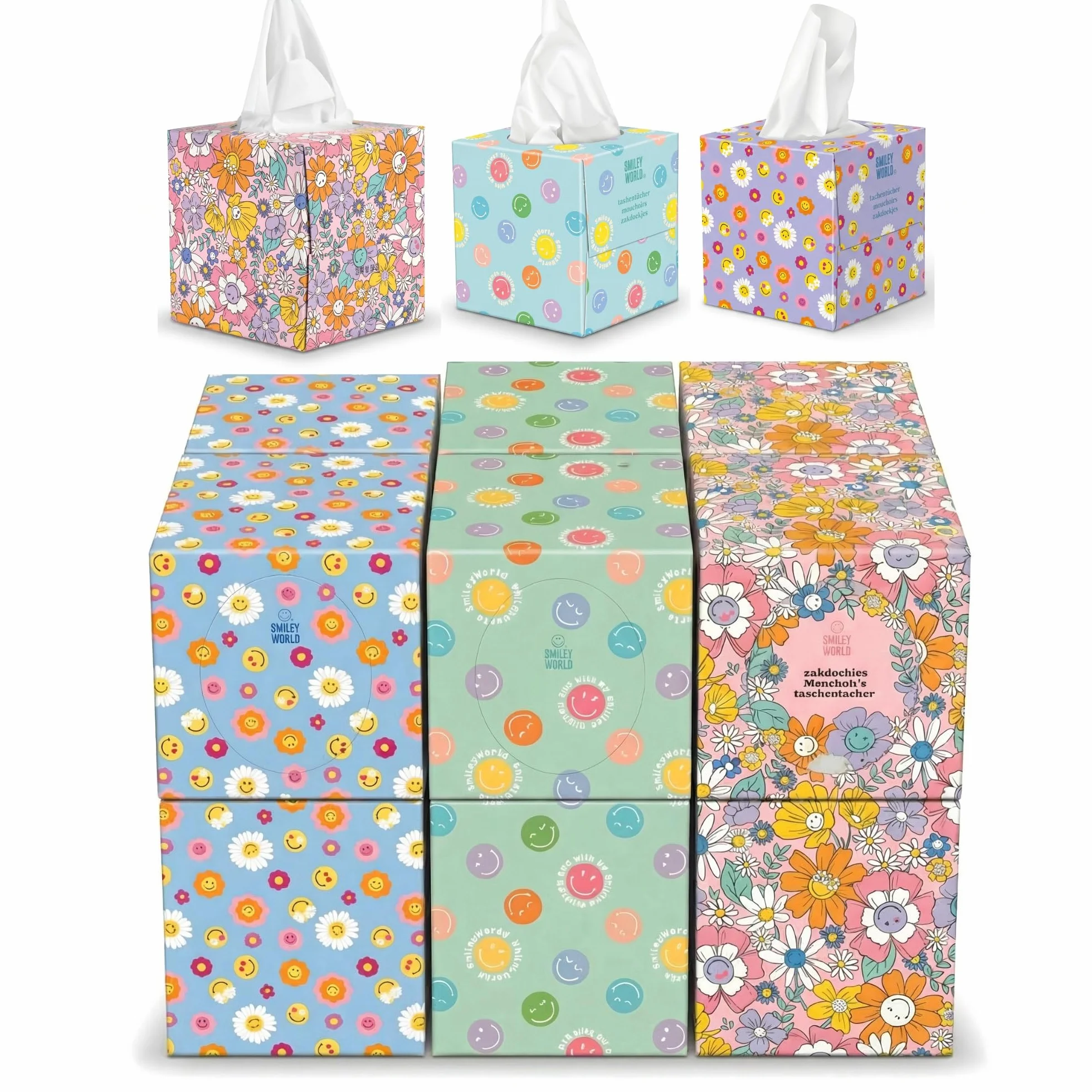 SMILEYWORLD Mouchoirs Ultra-Doux – 12 Boîtes Cube x 48 Feuilles (576 Feuilles) – 3 Plis – 3 Designs – Mouchoirs en Papier Résistants et Saugants (BLOOM EDITION)