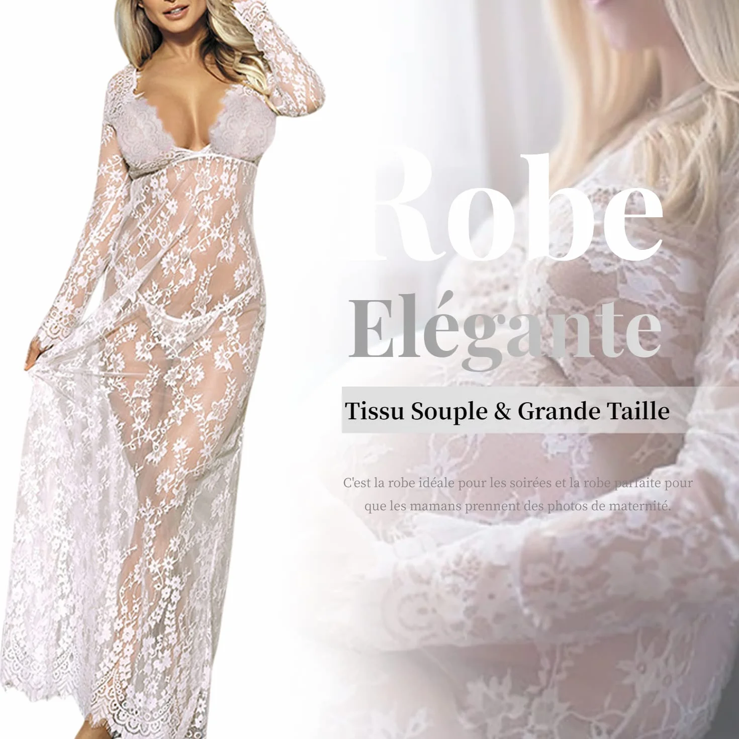 Robe Maxi Femme Enceinte Dentelle Col-V Manche Longue Photographie