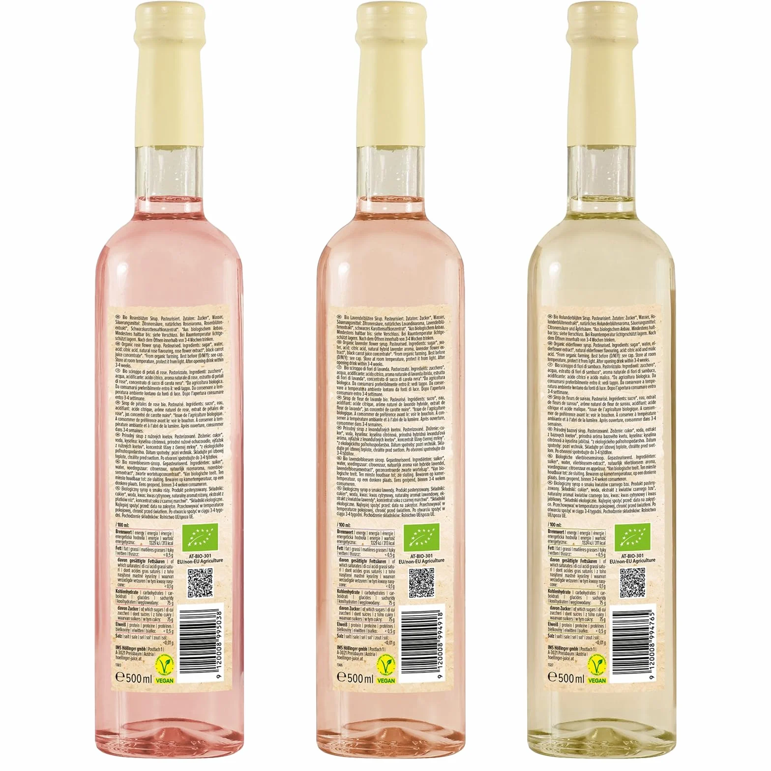 Höllinger Bio Sirop Floral, Lot de 3 Bouteilles en Verre de 500ml, Fleurs de Sureau, Rose et Lavande, Sirop Biologique Sans Alcool, Dilution 1:9