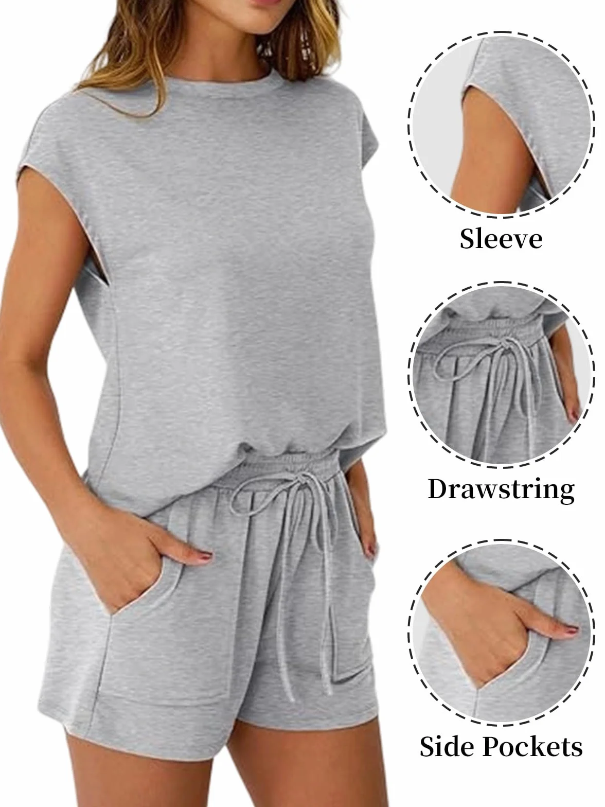 Ensemble Femme Ete 2 Pièces Chic Elegant Survêtement sans Manches Col Rond Short Poches Tenue Sport