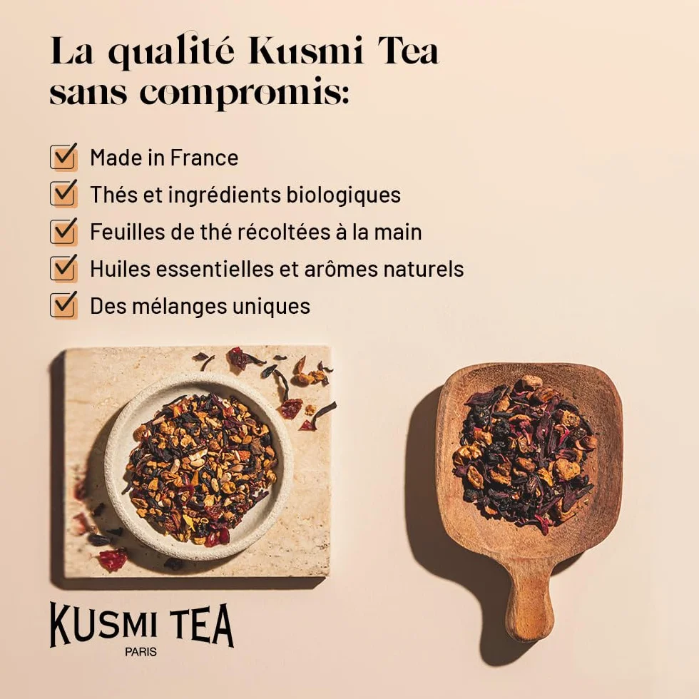 Kusmi Tea - Coffret "Les Essentiels" + Pince à Thé - Assortiment de Thés Bio - Idée Cadeau Homme et Femme - Thés Noirs, Thés Verts et Infusions - Fabriqué en France - 5 Boîtes de 25g
