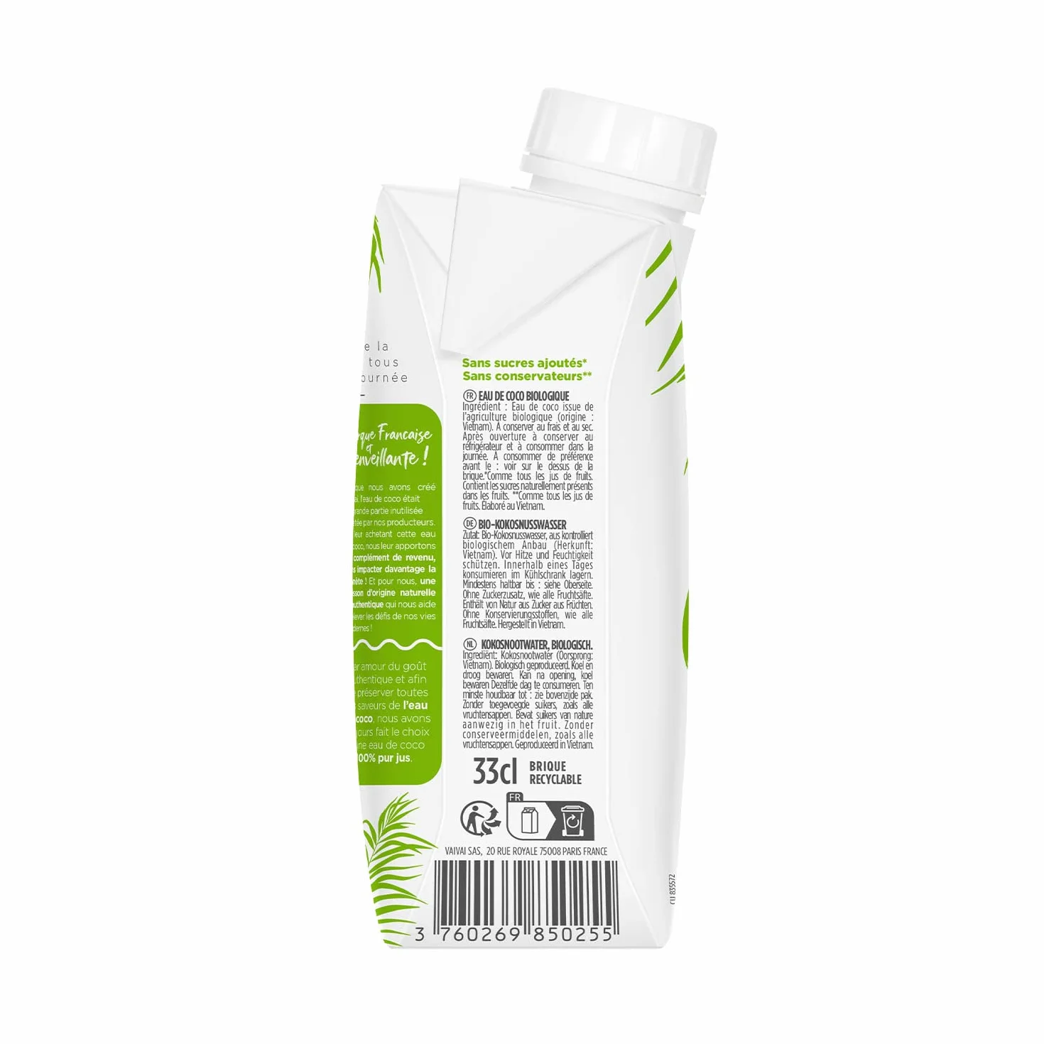 Vaïvaï - Eau de Coco Bio - 100% Pur Jus - Douce et Rafraîchissante - Sans Sucres Ajoutés - 12 Briques Tetra Pak de 33cl