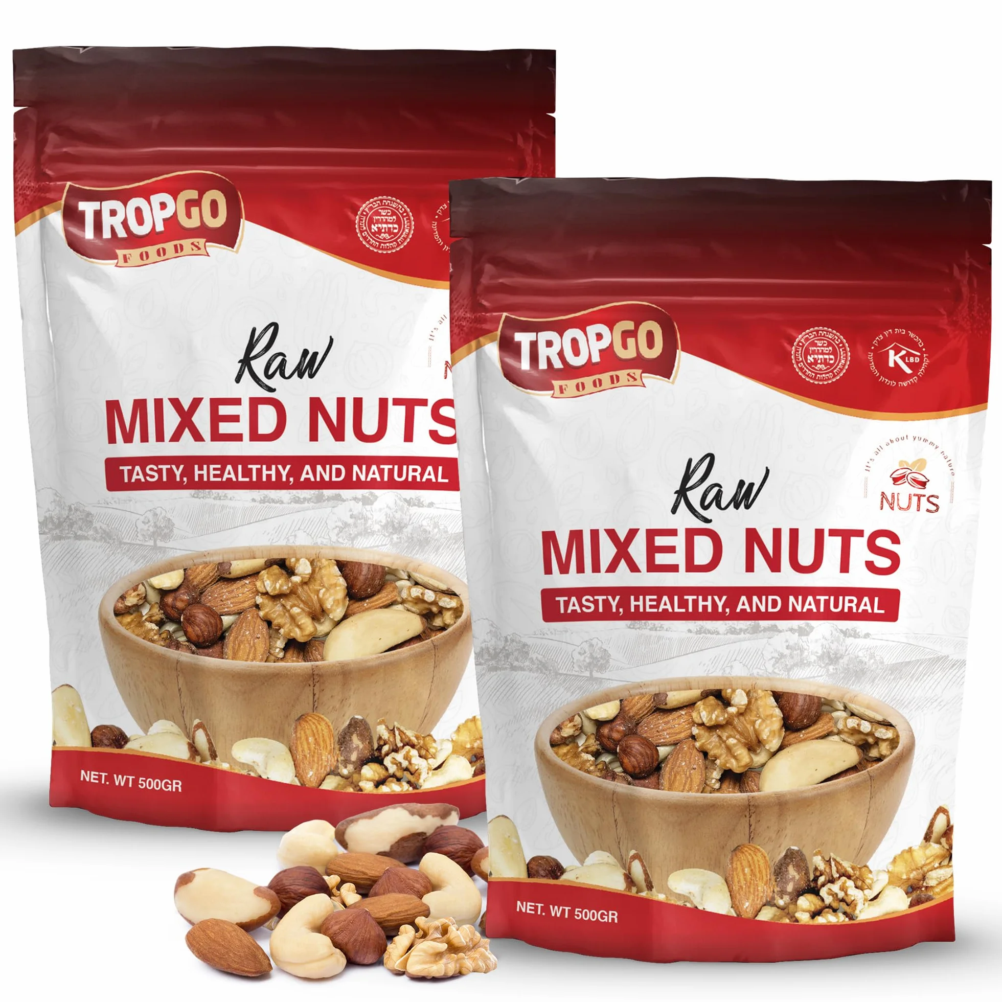 Tropgo Noix Mélangées Crues - 500g de Snacks aux Noix - Lot de 2 - Noix Fraîches et Saines Riches en Fibres & Minéraux - Parfaites pour le Grignotage - Contient Amandes, Noix du Brésil, Noix de Cajou,