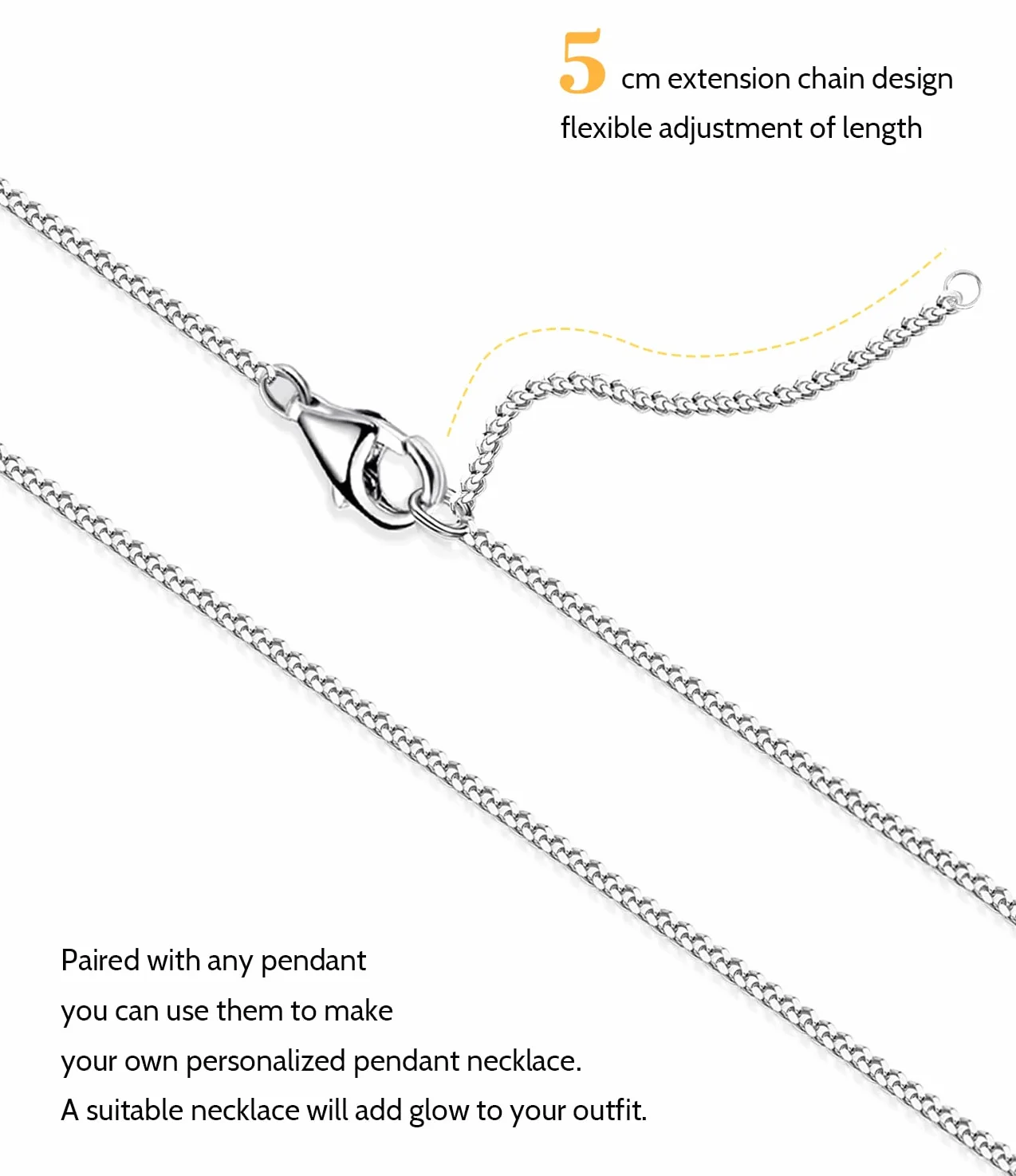 OSTAN Collier chaîne en argent pour femmes 1,4 mm plaqué or blanc