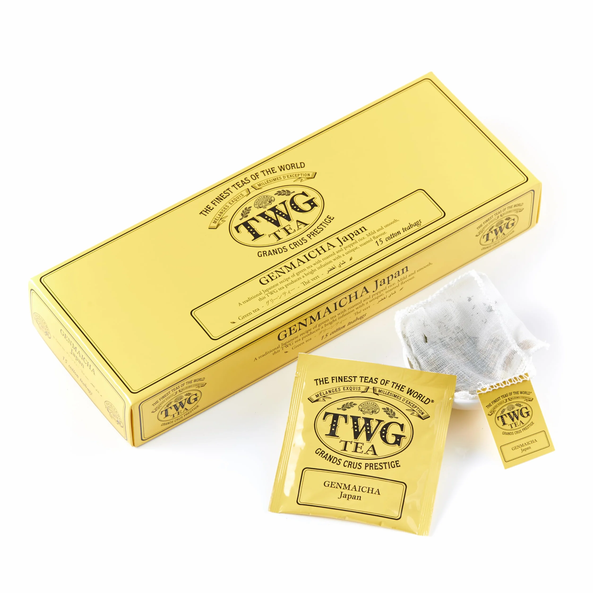 TWG Tea | Thé Genmaicha | Thé Vert | Riz Soufflé et Grillé | 15 Sachets de Thé en Coton Cousus à la Main | Coffret Cadeau