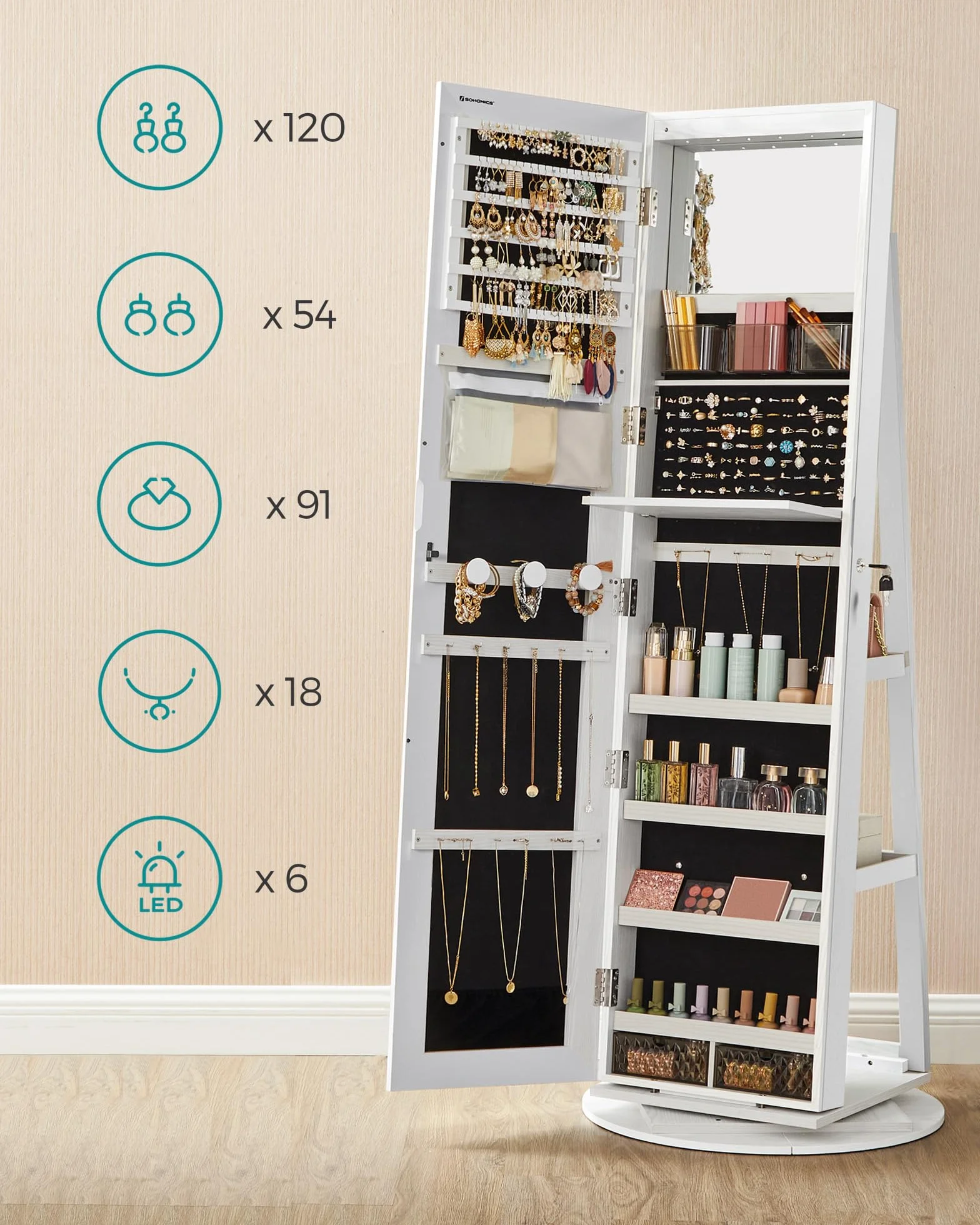 SONGMICS Armoire à Bijoux avec Miroir sur Pieds, Verrouillable, 6 LED, Pivotant 360°, 3 Étagères, Blanc, Noir