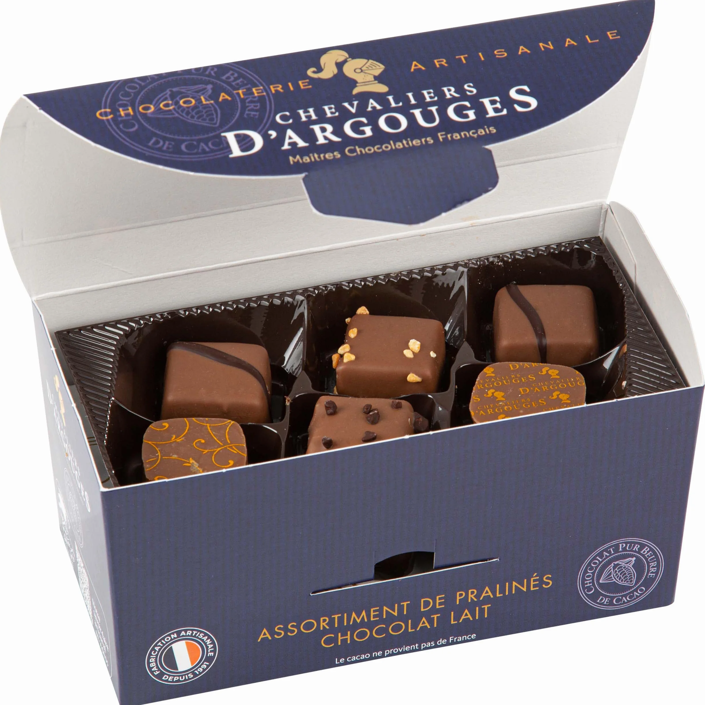CHEVALIERS D'ARGOUGES Maîtres Chocolatiers Français - Assortiment de pralinés chocolat lait 33% - Ballotin Dégustation 185g