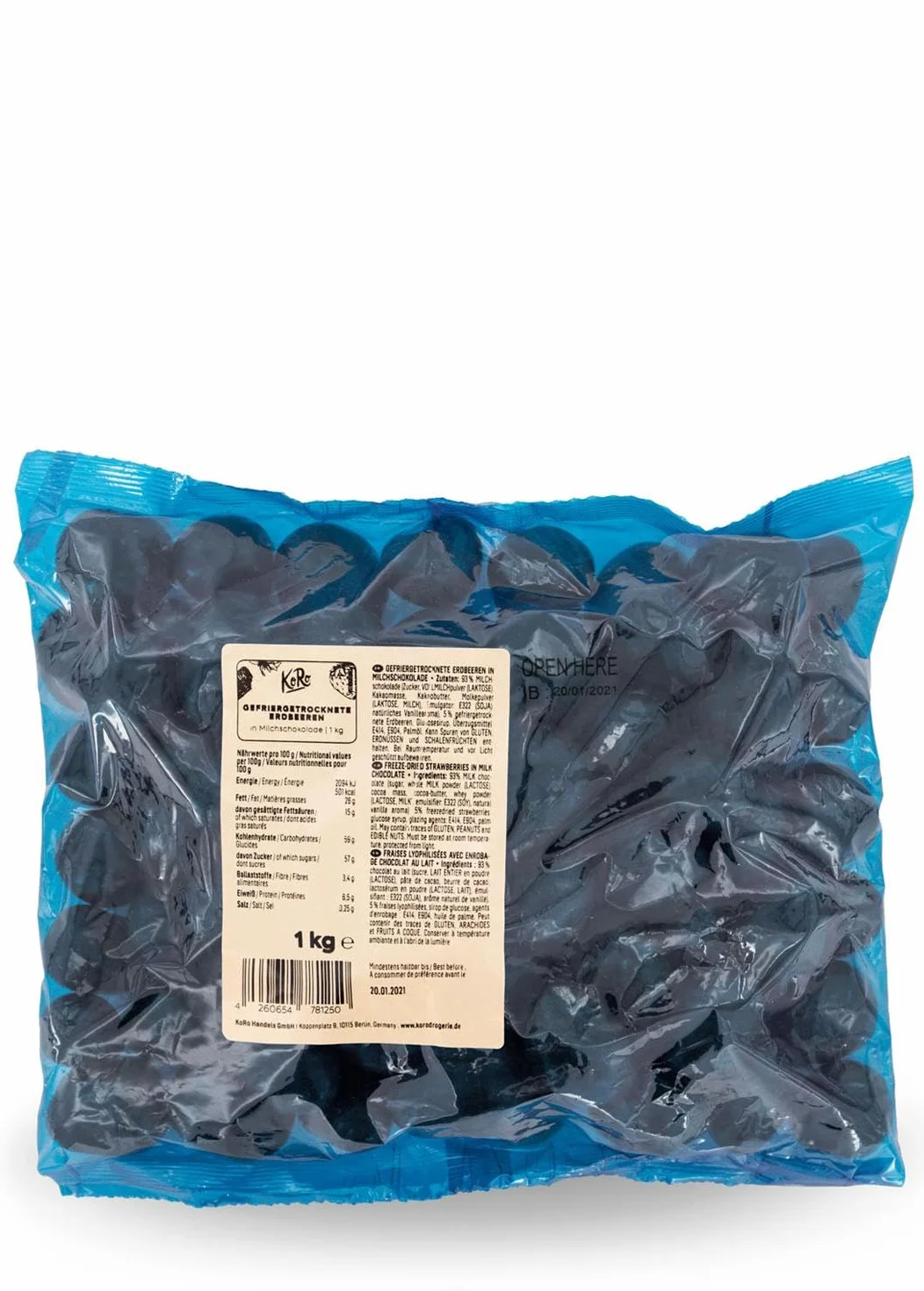 KoRo - Fraises lyophilisées au chocolat au lait 1 kg - Fruité et croquant - Snack dans un paquet avantageux