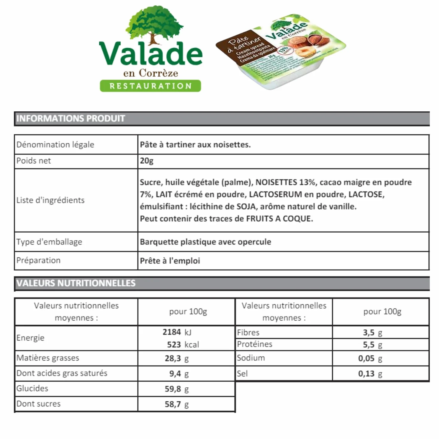 VALADE - 54 barquettes préparation de fruits et pâte à tartiner | Préparation de fruits 35% abricot, fraise, groseille et pâte à tartiner - petit déjeuner hôtel, gîte, restauration pro