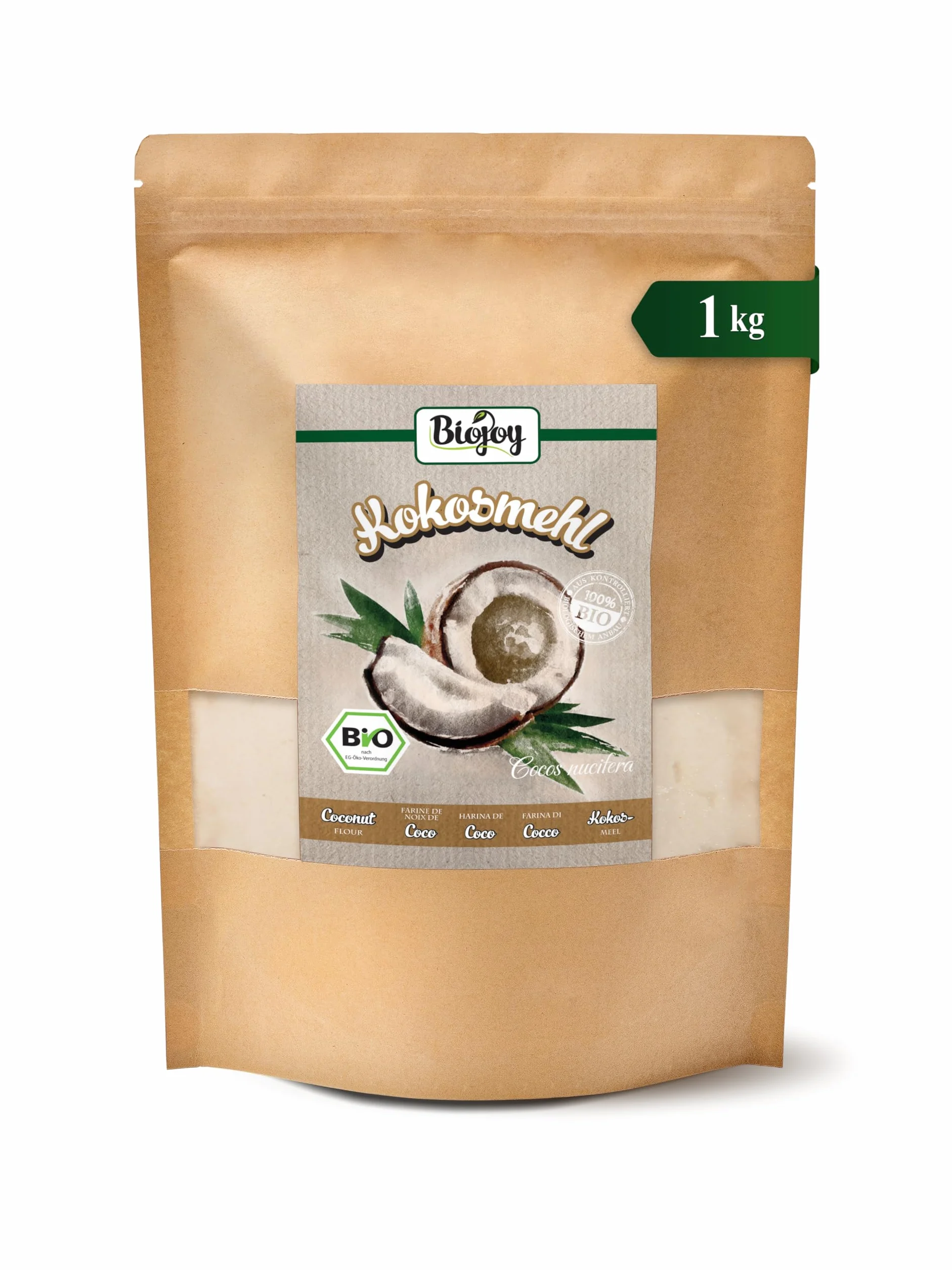 Biojoy Farine de coco BIO (1 kg), partiellement déshuilée et sans sucre ajouté