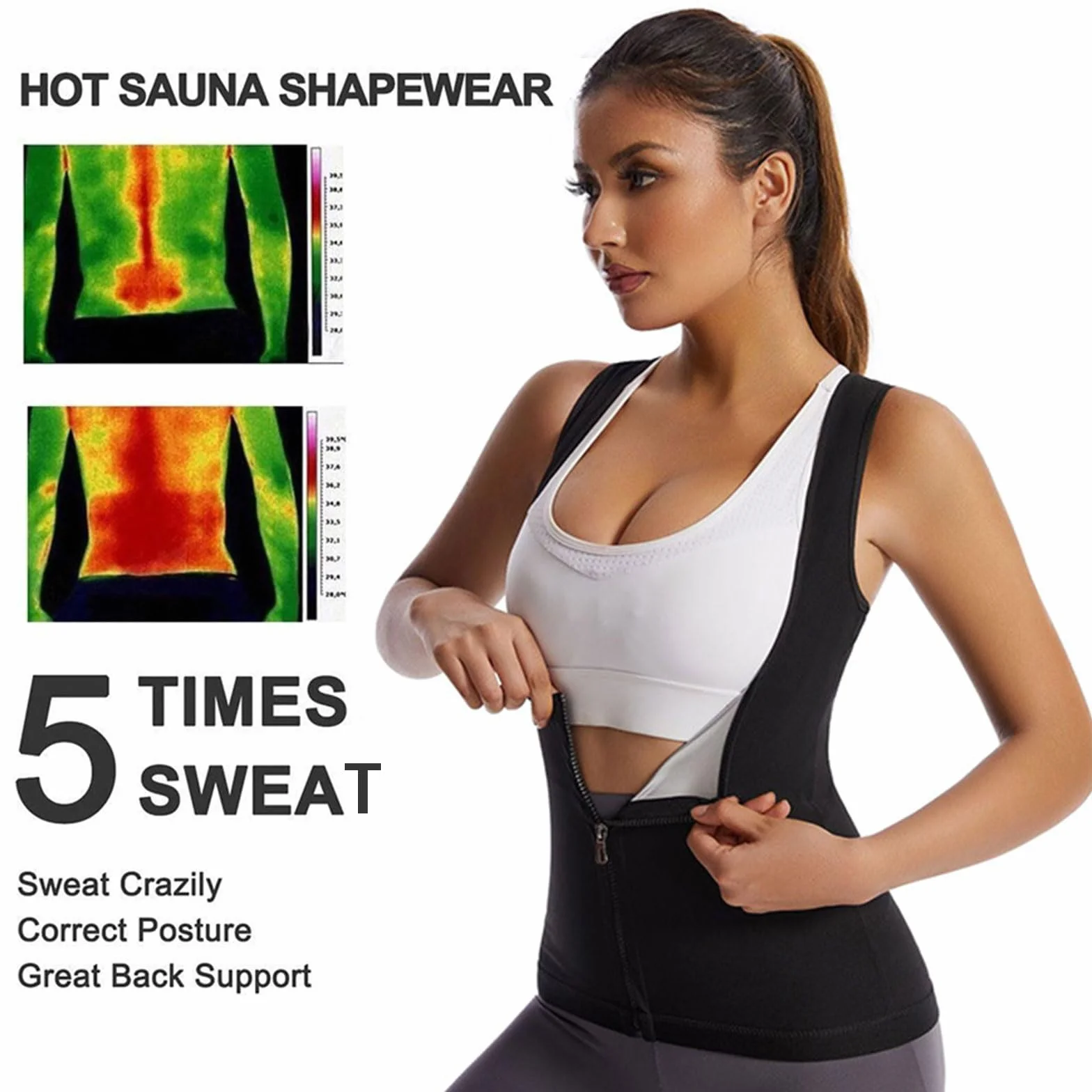 Gilet de Sauna Néoprène Femme, Corset Minceur Fitness Noir Taille M