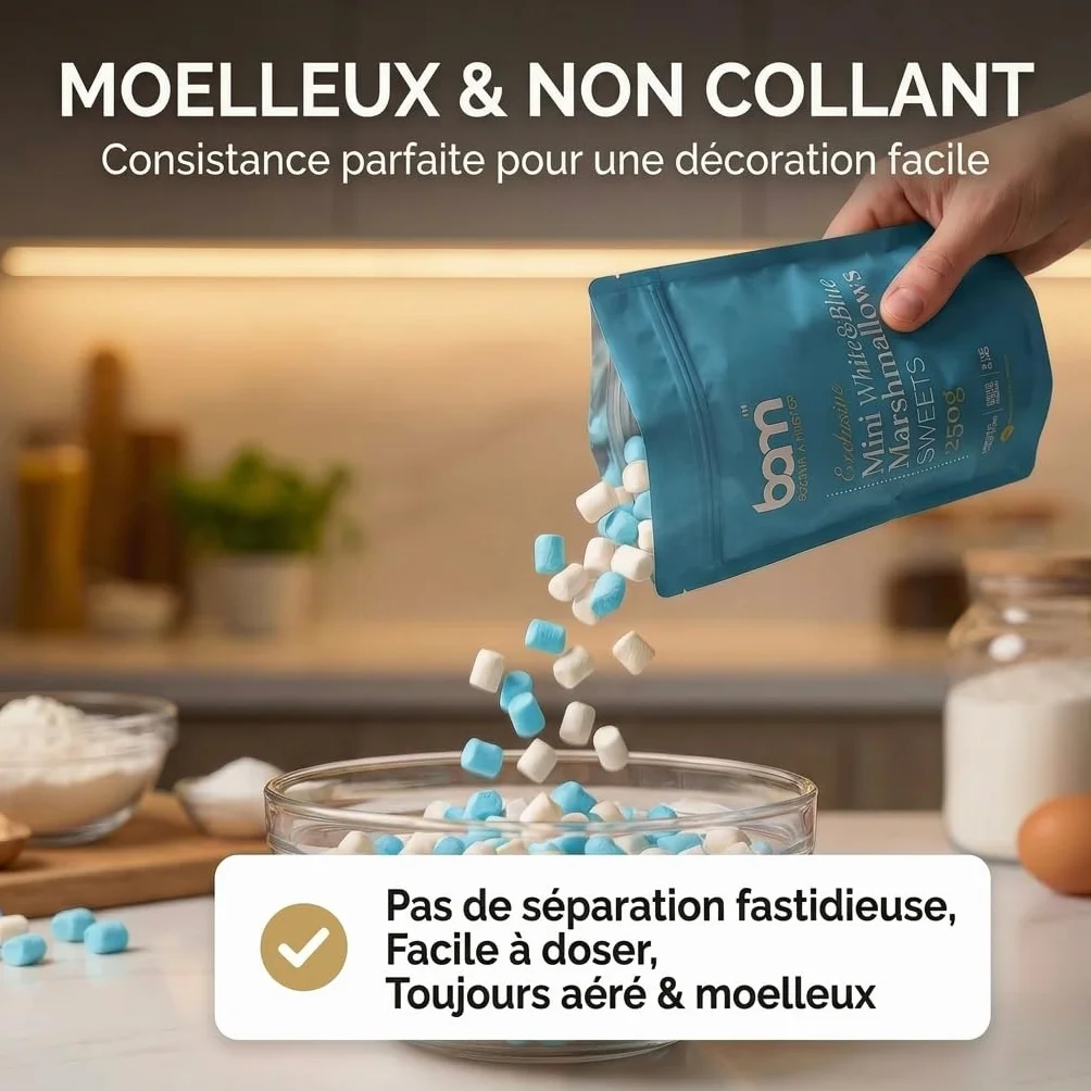 BAM Mini Marshmallow – Guimauves Sucrées Pour Chocolat Chaud, Desserte et Décoration, Blancs et Bleus, 250g
